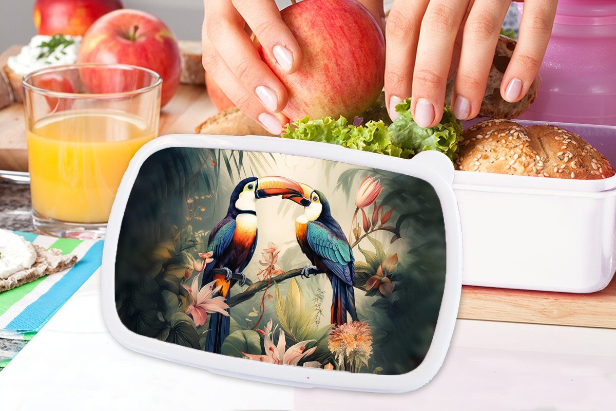 MuchoWow Lunchbox Tukan - Vögel Brotdose, Blumen Brotbox für Jungs - Dschungel, Erwachsene, (2-tlg), für - Natur Kunststoff, weiß - Mädchen und Kinder und