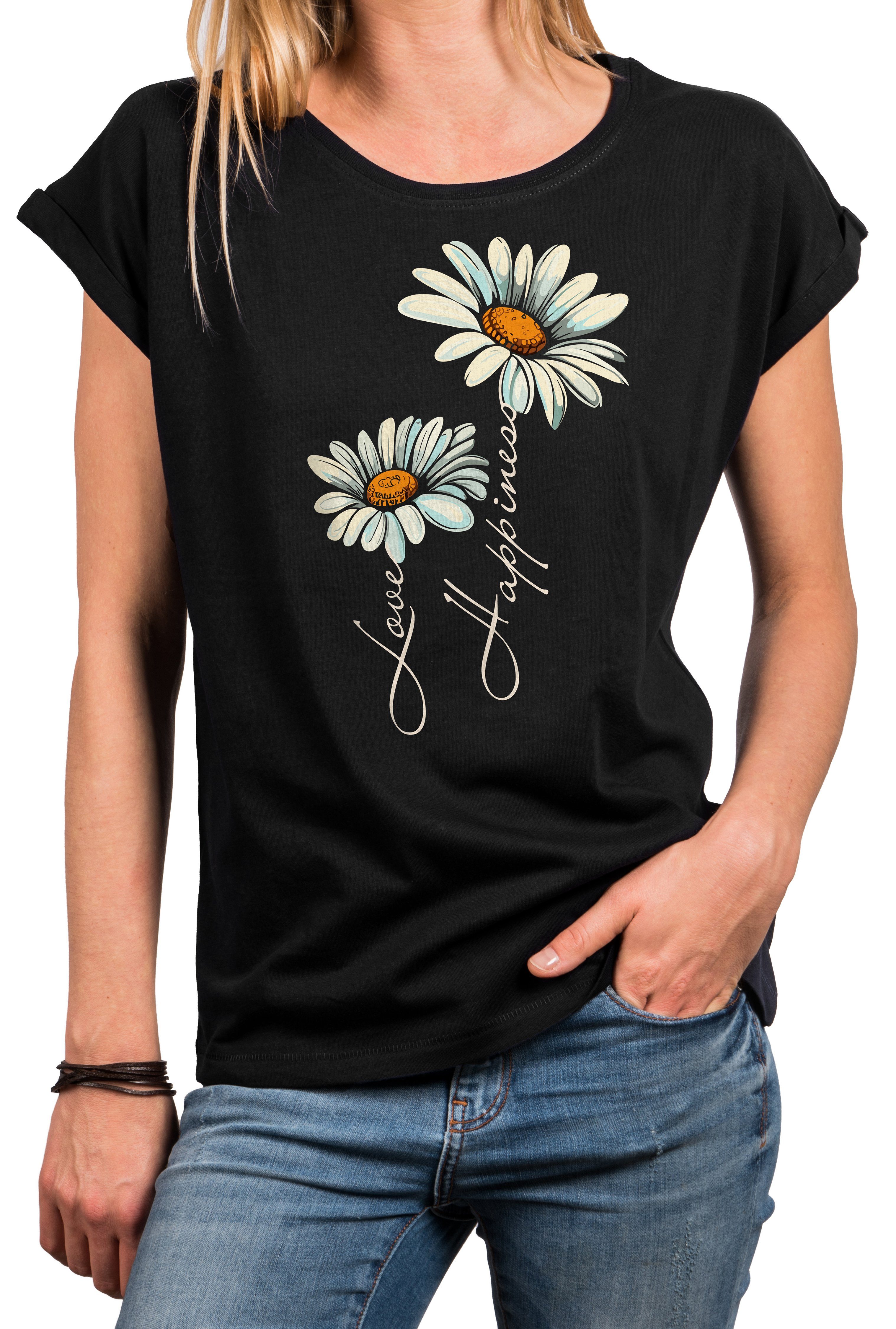 MAKAYA Print-Shirt Damen Kurzarm Top Blumen Gänseblümchen floral Blumenmuster Blümchenprint, goße Größen