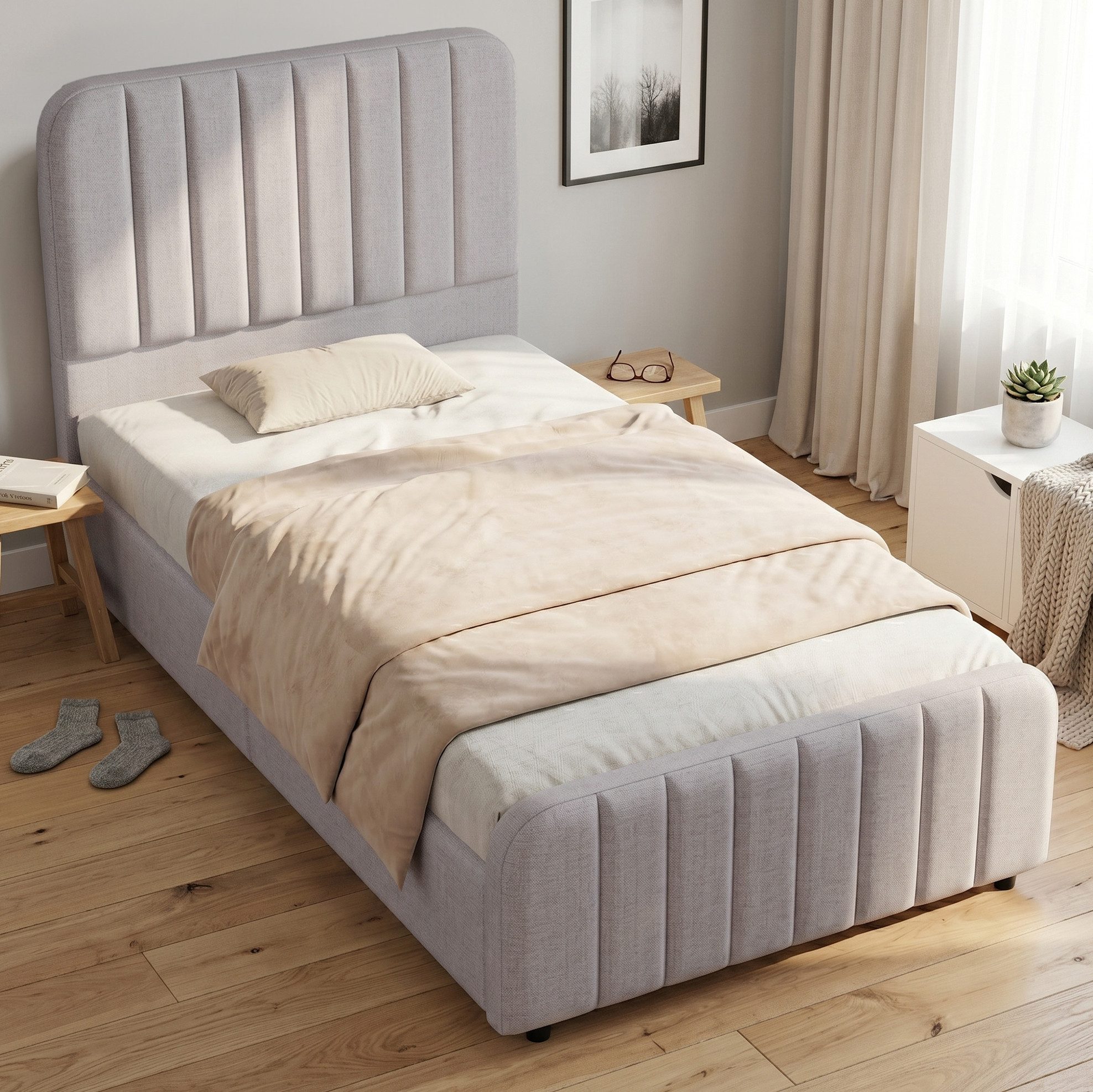 REDOM Polsterbett Design-Kinderbett – Leinenbezug & Streifenmuster (Packung, Grau, 90×200 cm, Leinen, ohne Matratze, für sicheres Schlafen), eingebettete Matratze, handgefertigte Nähte