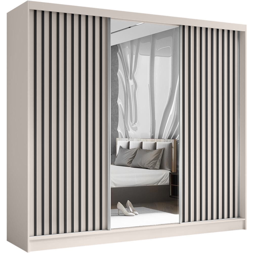 Beautysofa Kleiderschrank Helix Schwebetürenschrank mit Lamellen (Kleiderschrank mit Spiegel, Schrank mit Kleiderstange und vielen Einlegeböden) moderner Garderobenschrank fürs Schlafzimmer