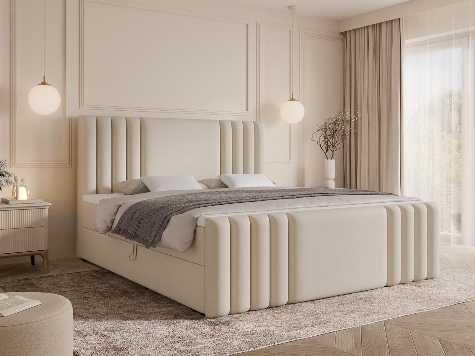 Compleo Boxspringbett elegant und modern, Dopelbett mit zwei Bettkästen, gepolstertes Kopfteil, Bonell, Topper als Option