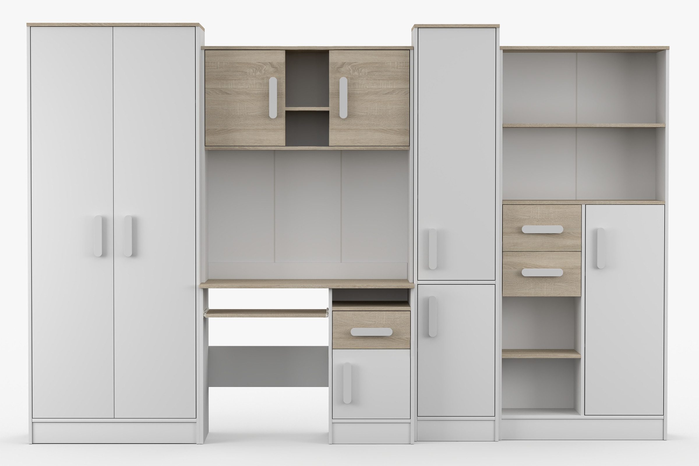Deine Möbel 24 Jugendzimmer-Set MIKI Jugend-Schrankwand Jugendzimmer Jugendmöbel 5-teilig in Weiß, (Set, 5-tlg., 5-teiliges Möbelset für das Jugendzimmer), Schreibtisch, Schreibtisch Aufsatz, 2x Regal, Schrank