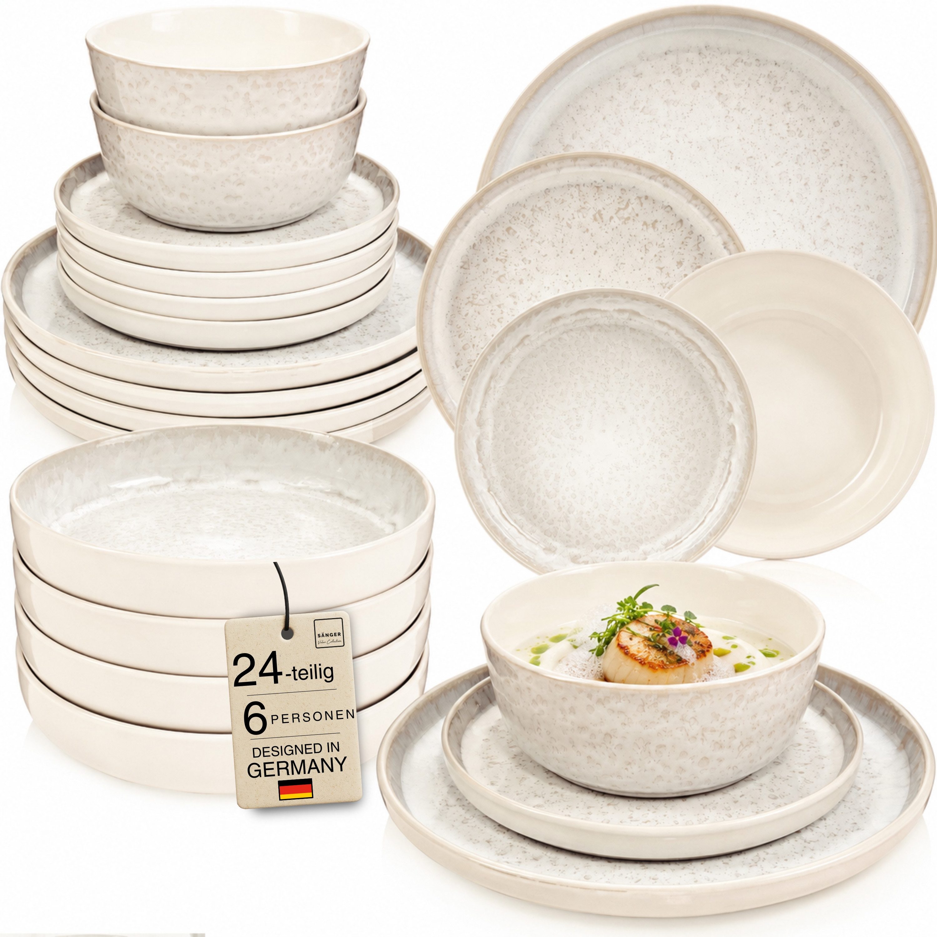 SÄNGER Tafelservice Key West, Creme mit sandiger Maserung (24-tlg), 6 Personen, Steingut, VALUE COLLECTION