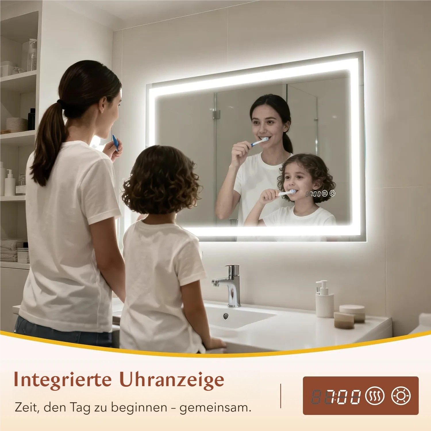 TLGREEN Badspiegel mit Beleuchtung und Uhr,LED Spiegel mit 3 Lichtfarben dimmbar, (gehärtetes Glas und Digitaluhr), Touch-Schalter, Memory-Funktion, beschlagfrei