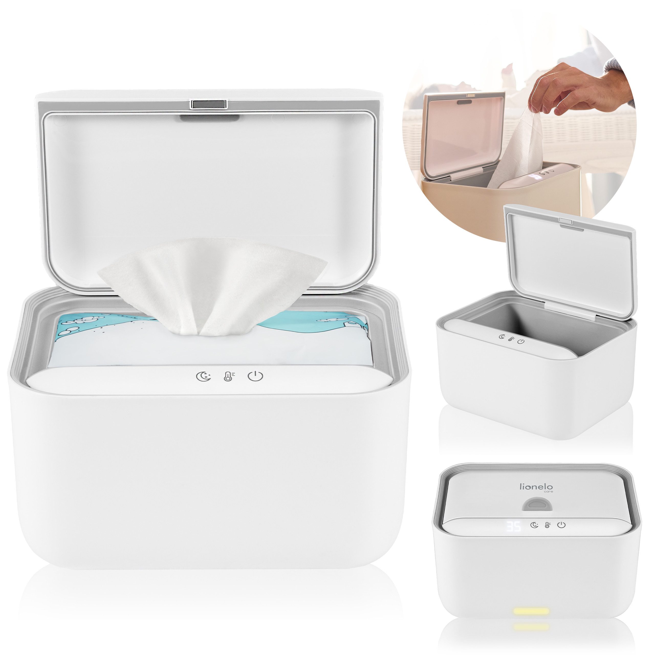 lionelo Feuchttücherbox BABYBLISS, Intuitives Touchpanel/Netzanschluss/Drei Modi/