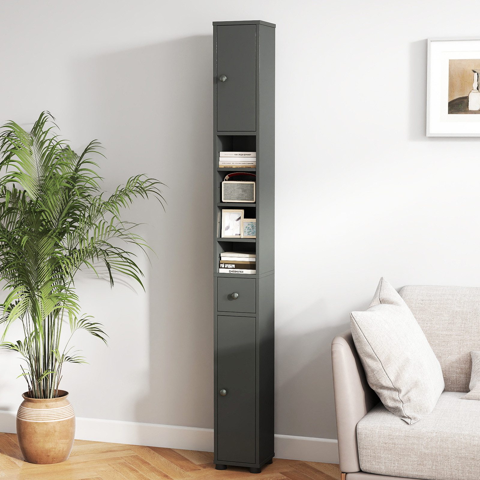 COSTWAY Hochschrank Badschrank schmal, verstellbaren Regal 180cm Weiß