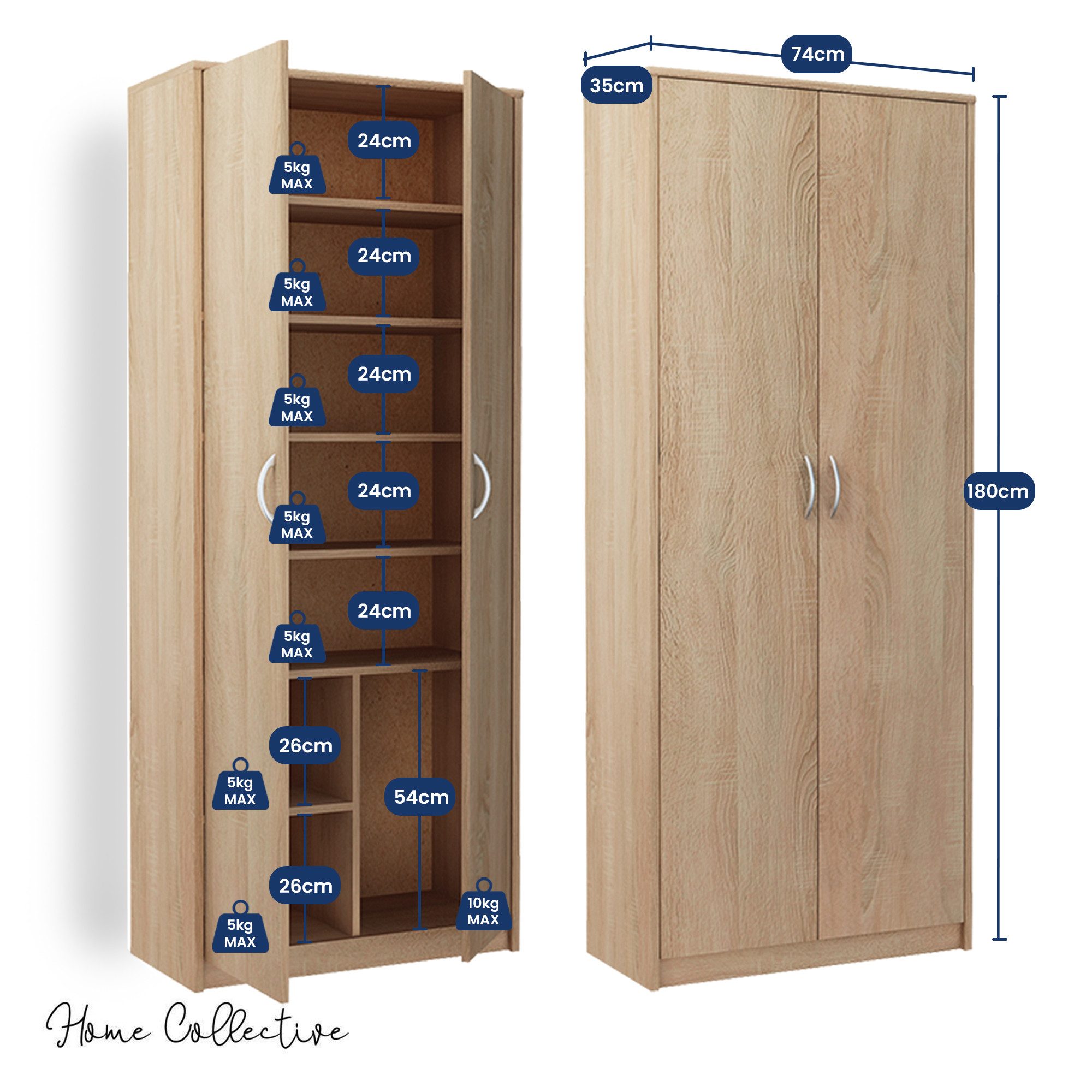 Home Collective Mehrzweckschrank mit 8 Fächern Besenschrank Haushaltsschrank (74 cm breit aus Laminatplatte und hochwertigen Polymergriffen) in mattem Finish mit 6 Einlegeböden und 2 Türen sonoma