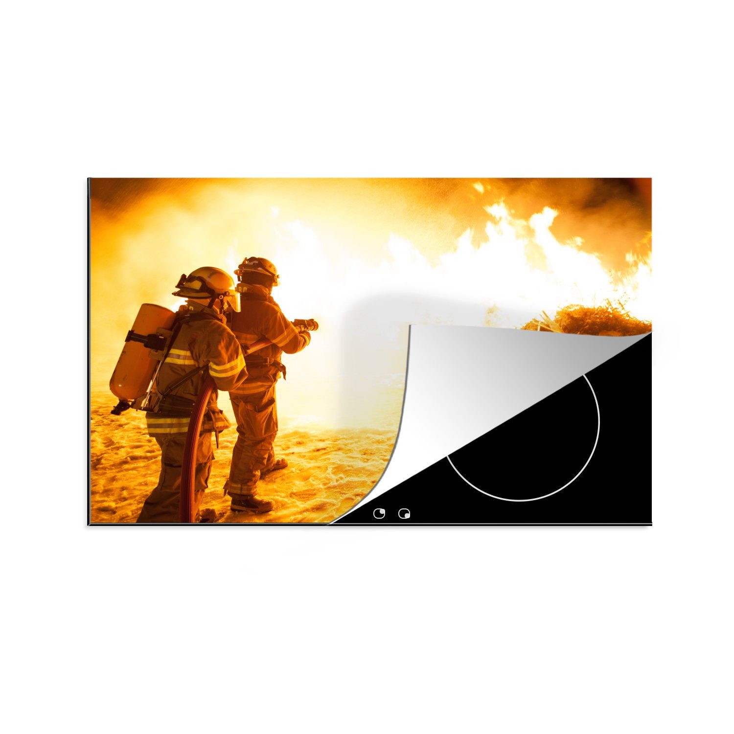 MuchoWow Herdblende-/Abdeckplatte Feuerwehrleute bei der Übung, Vinyl, (1 tlg), 81x52 cm, Induktionskochfeld Schutz für die küche, Ceranfeldabdeckung