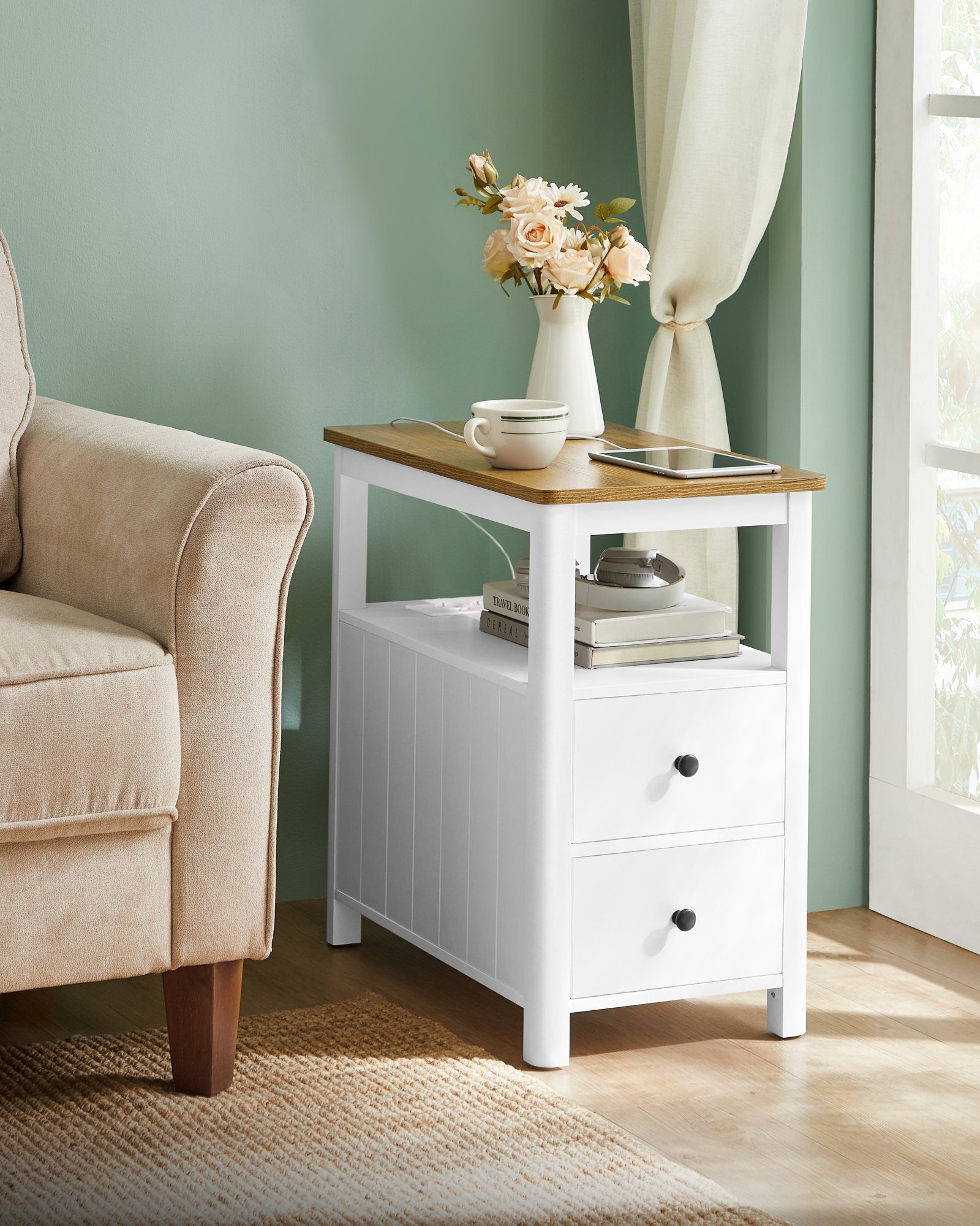 VASAGLE Beistelltisch (1-St), mit Steckdosenleiste, 2 Schubladen, maritimer günstig online kaufen