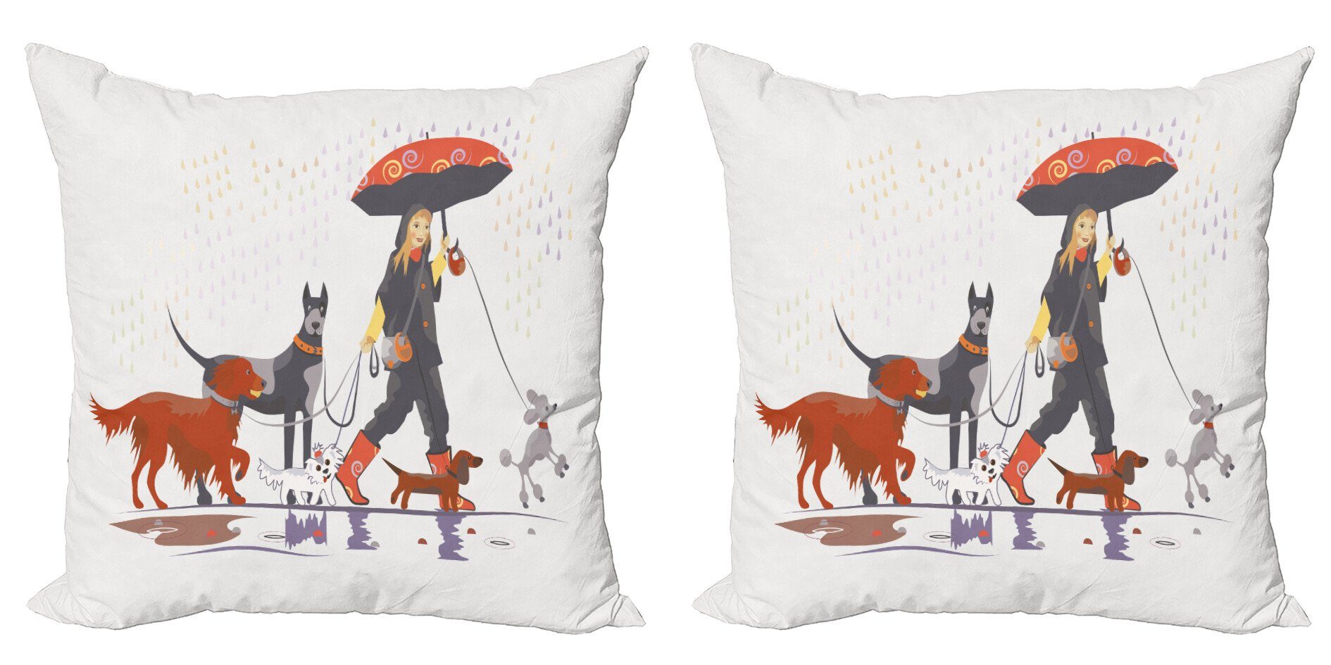 Kissenbezüge Modern Accent Doppelseitiger Digitaldruck, Abakuhaus (2 Stück), Bunt Mädchen mit Hund im Regen