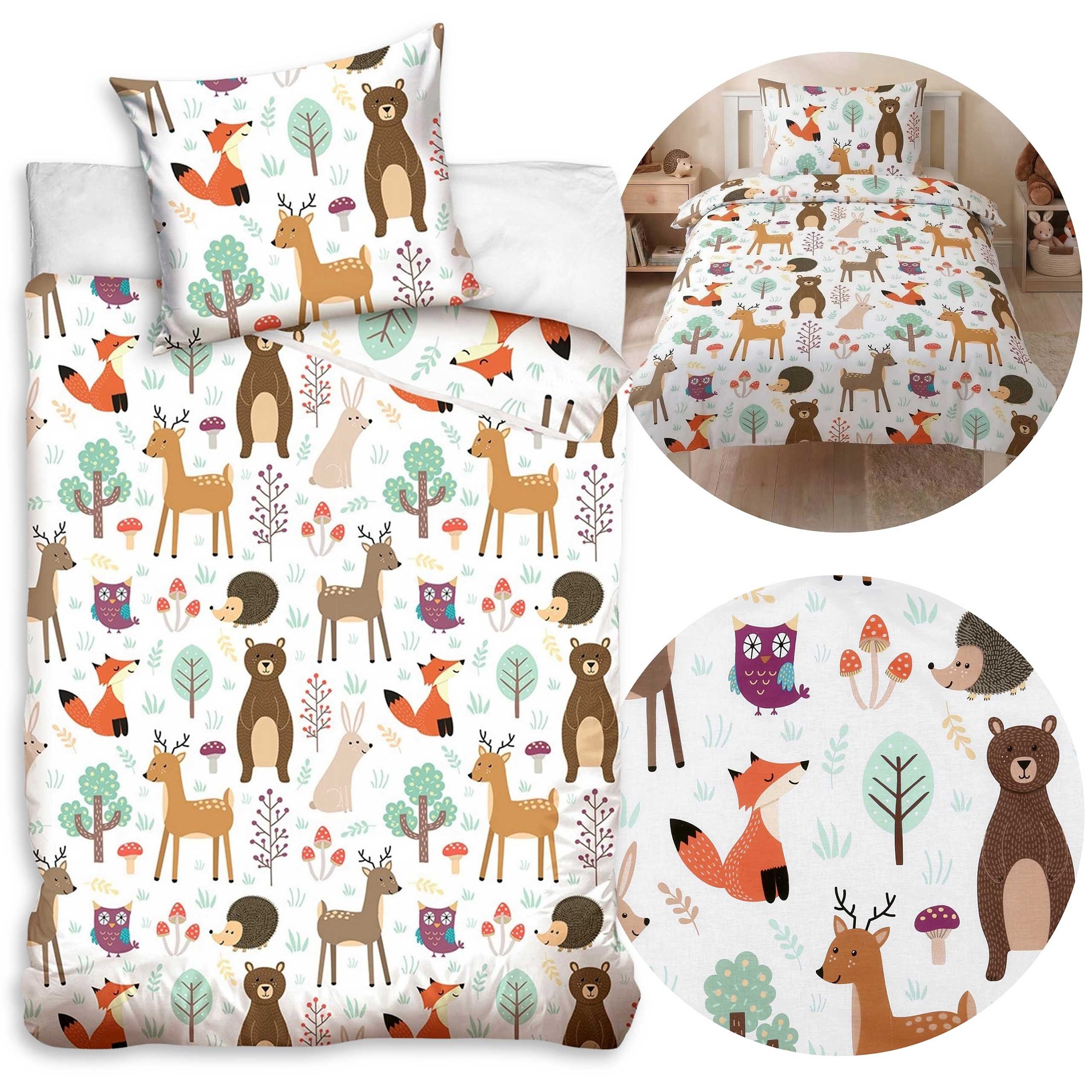 Sarcia.eu Kinderbettwäsche Kinder Bettwäsche Waldtiere weiß 140x200 +70x80 100% Baumwolle