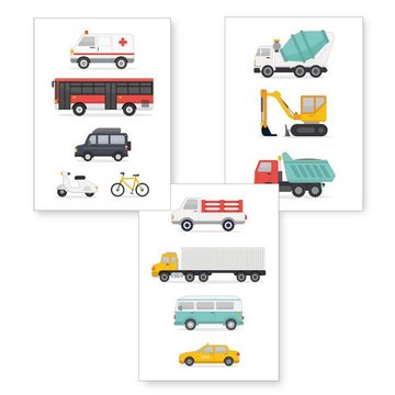 Himmelzucker Poster DIN A4 Wandbilder für Kinderzimmer Babyzimmer Bagger Fahrzeuge Bilder, Baustellenfahrzeuge (3-teiliges Poster-Set, 3 St), Kinderposter für Junge Mädchen (DIN A4 ohne Rahmen)
