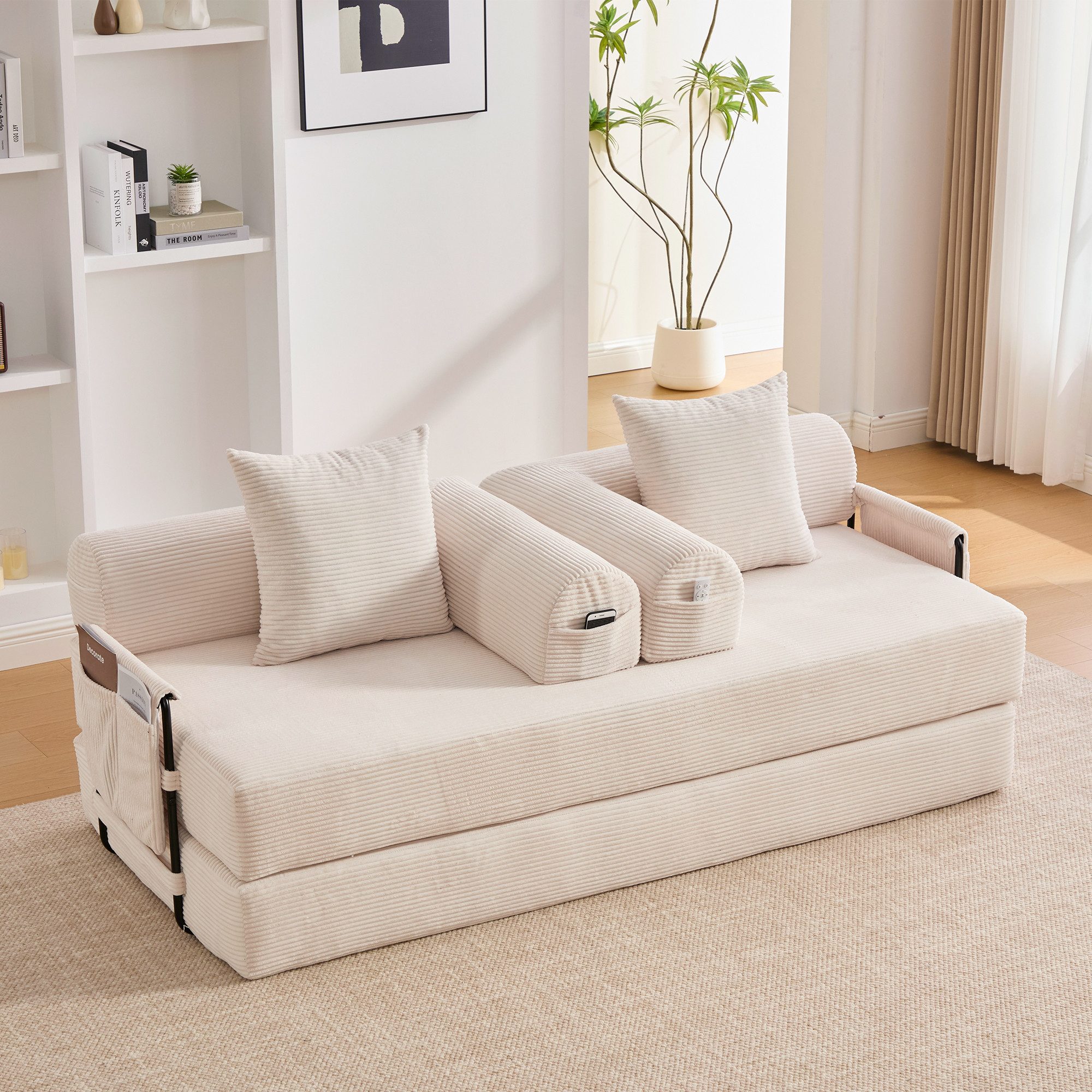 OKWISH Sofa Loungesofa Kindersofa, Stoffbezug, inklusive 3 Kissen und praktischen Seitentaschen, flexibel kombinierbar zur individuellen Loungegestaltung