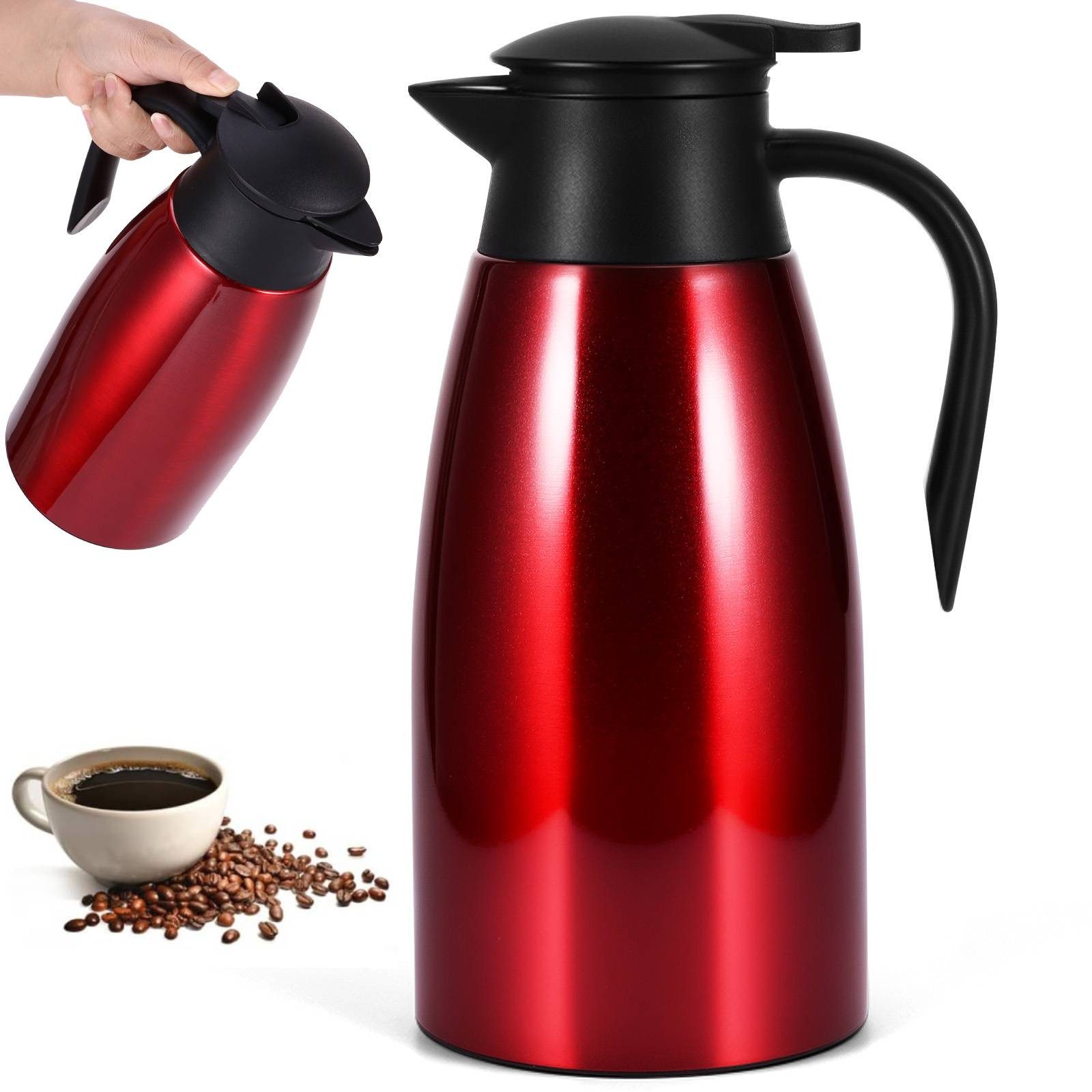 BlingBin Isolierkanne 2,1L Doppelwandige Vakuumisolierung Kaffeekanne, Thermoskanne, 2.1 l, (304 Edelstahl Isolierte Wasserkocher mit Auslaufsicherem Deckel, 24 Stunden Wärmedämmung, 1-St., Produktmaße: 13,5 × 25,5 cm), Teekanne Thermo für Büro, Zuhause, Kaffee, Milch, Tee, Getränke