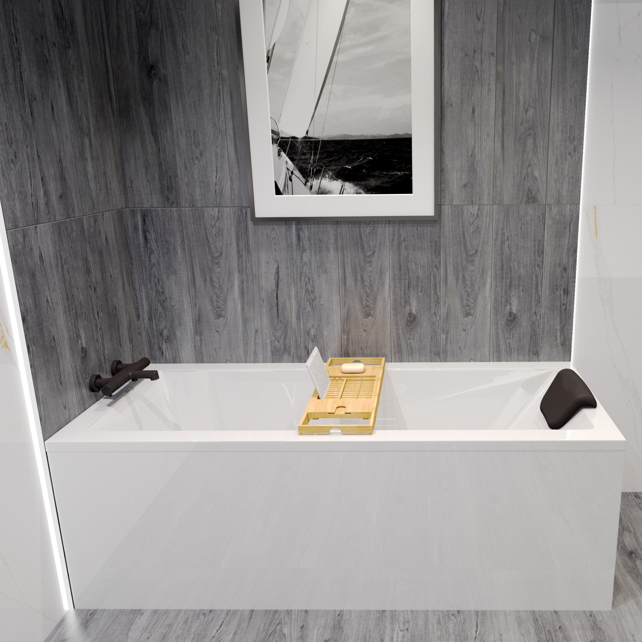 Badewanne Rechteck MODERN 120x70 mit AcrylSchürze + Bambus Ablage + Kopfstütze