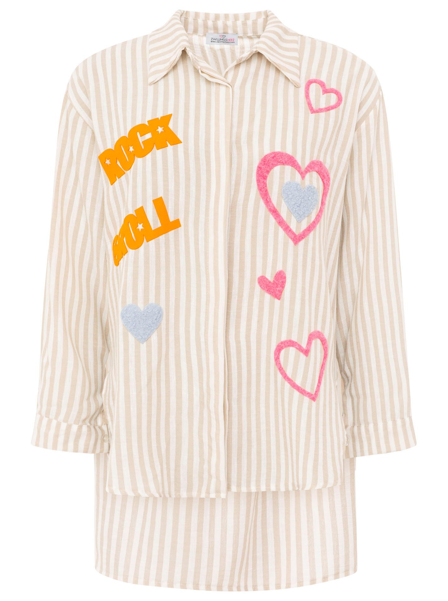 Zwillingsherz Hemdbluse "Rock n' Roll Patches" gestreift, länger geschnitten, auffallende Teddy-Patches, Knopfleiste