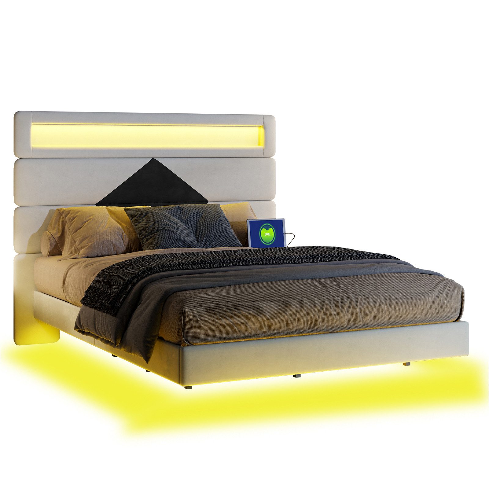 FUROKOY Polsterbett LED Licht Doppelbett Samt günstig online kaufen