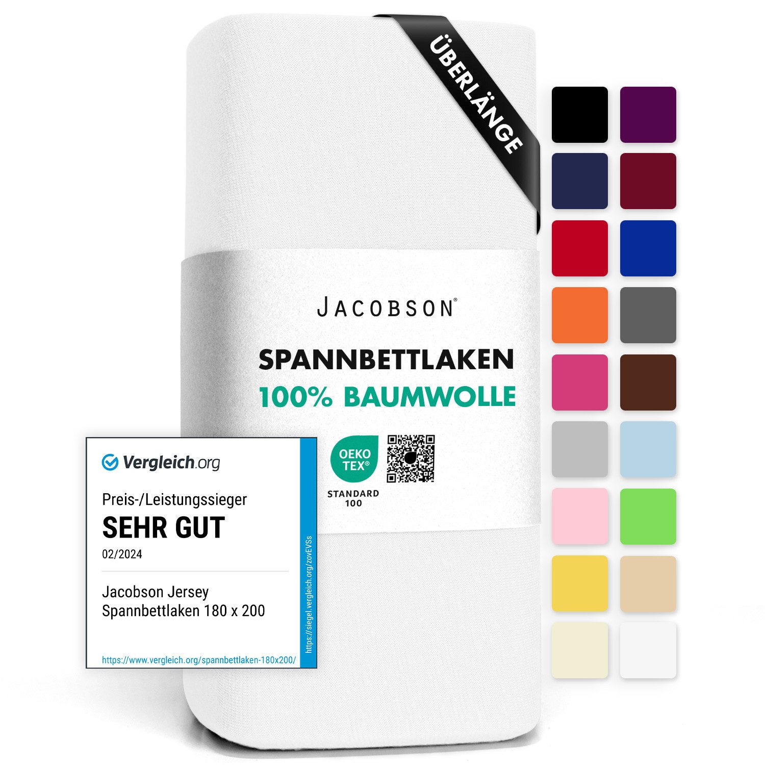 Jacobson Spannbettlaken BOXSPRING & ÜBERLÄNGE aus 100% Baumwolle, für hohe & lange Matratzen, Jersey Bettlaken 160 g/m²