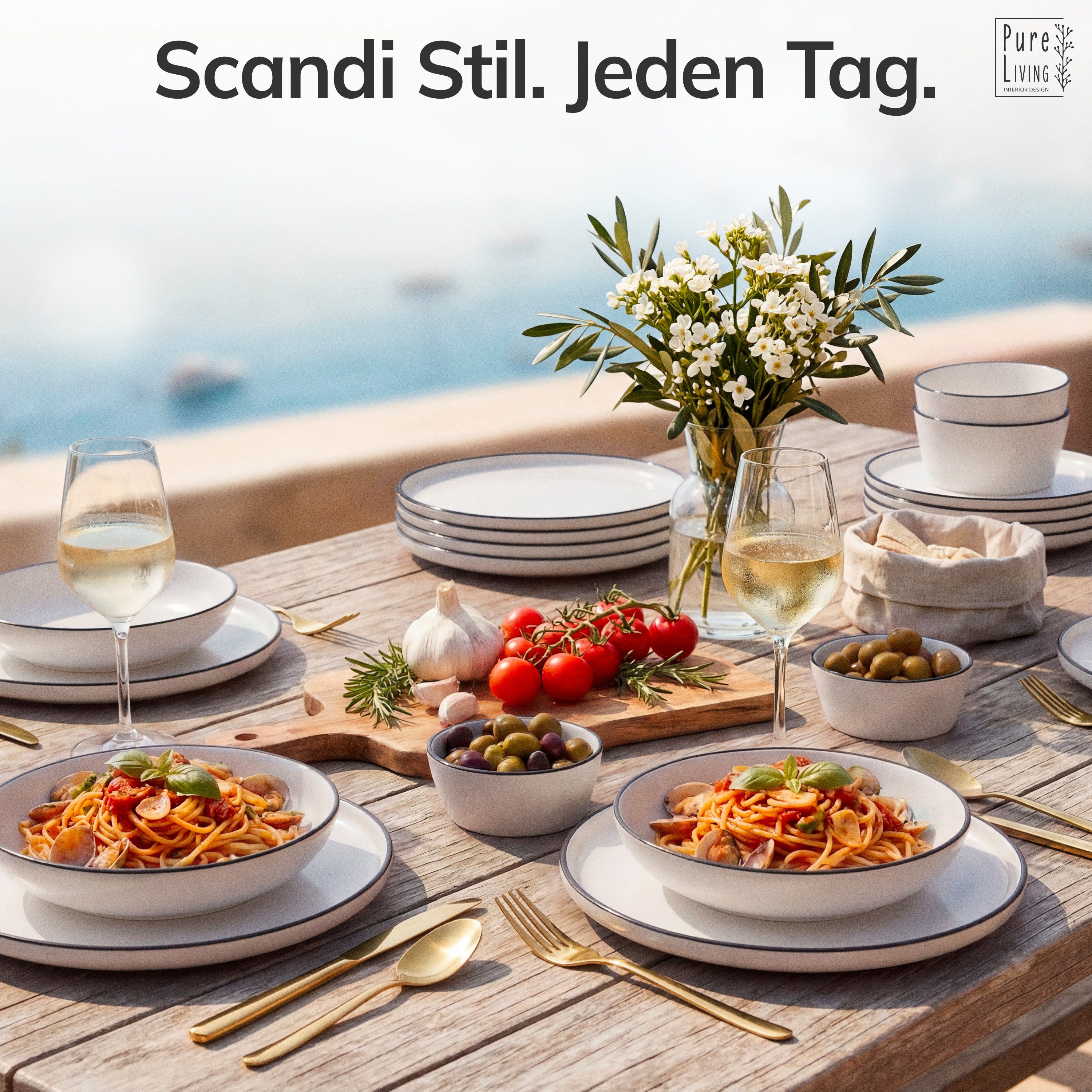 PURE LIVING INTERIOR DESIGN Geschirr-Set Pure Living Dessertteller 6er 20cm »Scandi«, Porzellan weiß, 6 Personen, Porzellan, Zeitloses skandinavisches Design, Eleganter schwarzer Rand, Minimalis…