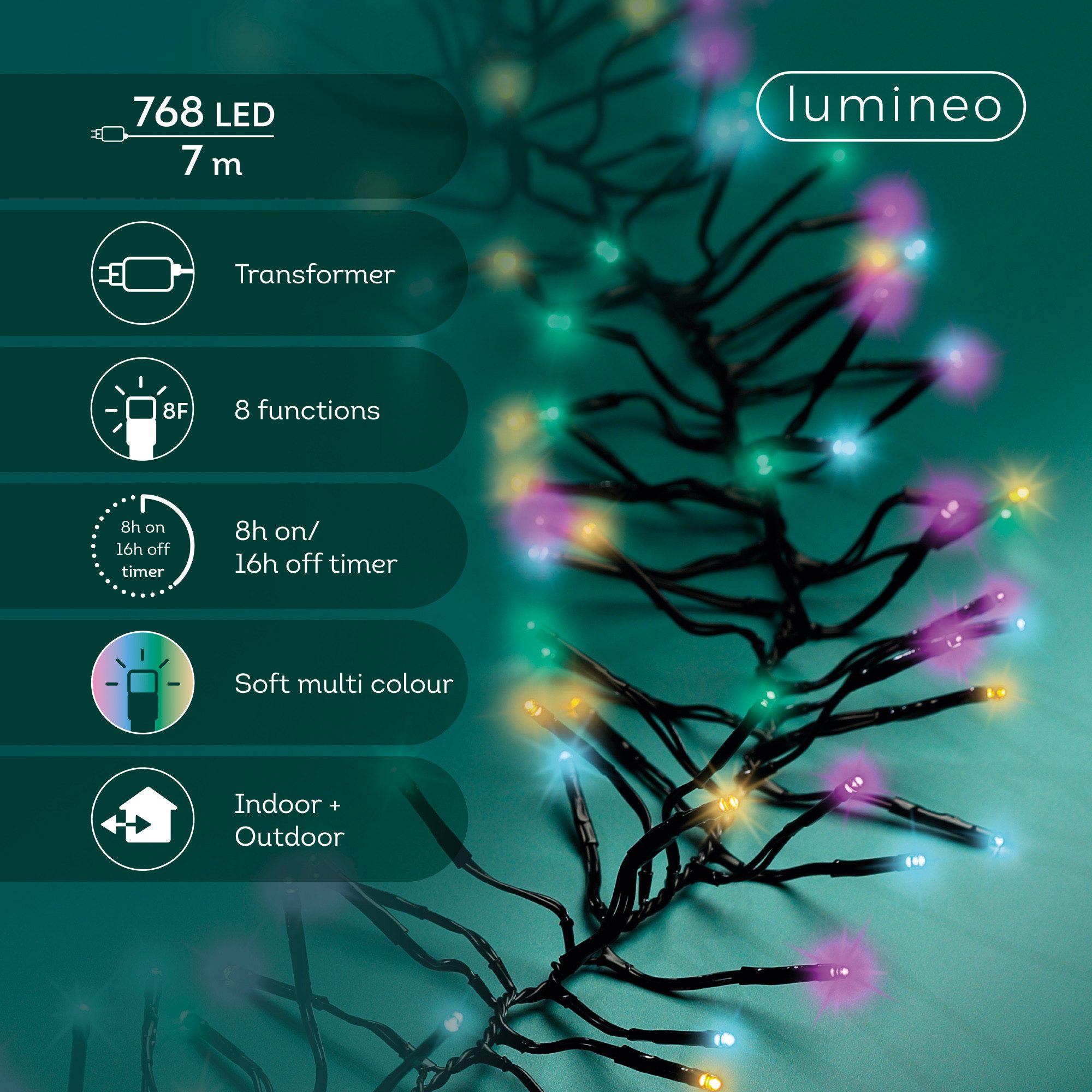 Lumineo LED-Lichterkette Lumineo Lichterkette Cluster 768 LED 7 m Sanftes Bunt, schwarzes Kabel, Dimmbar, Timer, Indoor, Outdoor – Bild 2 von 5