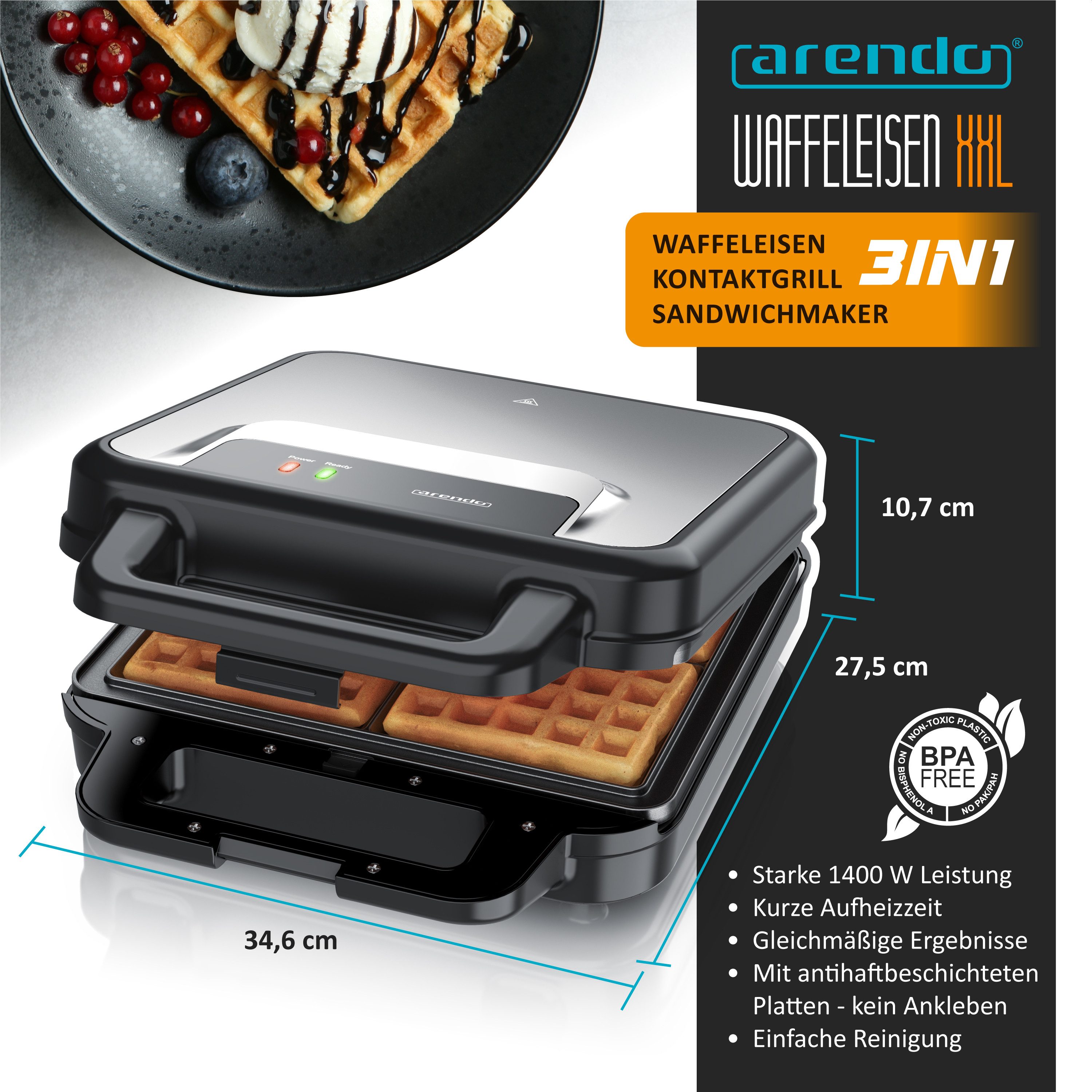 Arendo 3-in-1-Sandwichmaker Waffeleisen & Kontaktgrill, abnehmbare Antihaftbeschichtete Platten, 1400 W, 3-in-1: für Sandwich, Waffel & Grill, Panini, austauschbare Platten