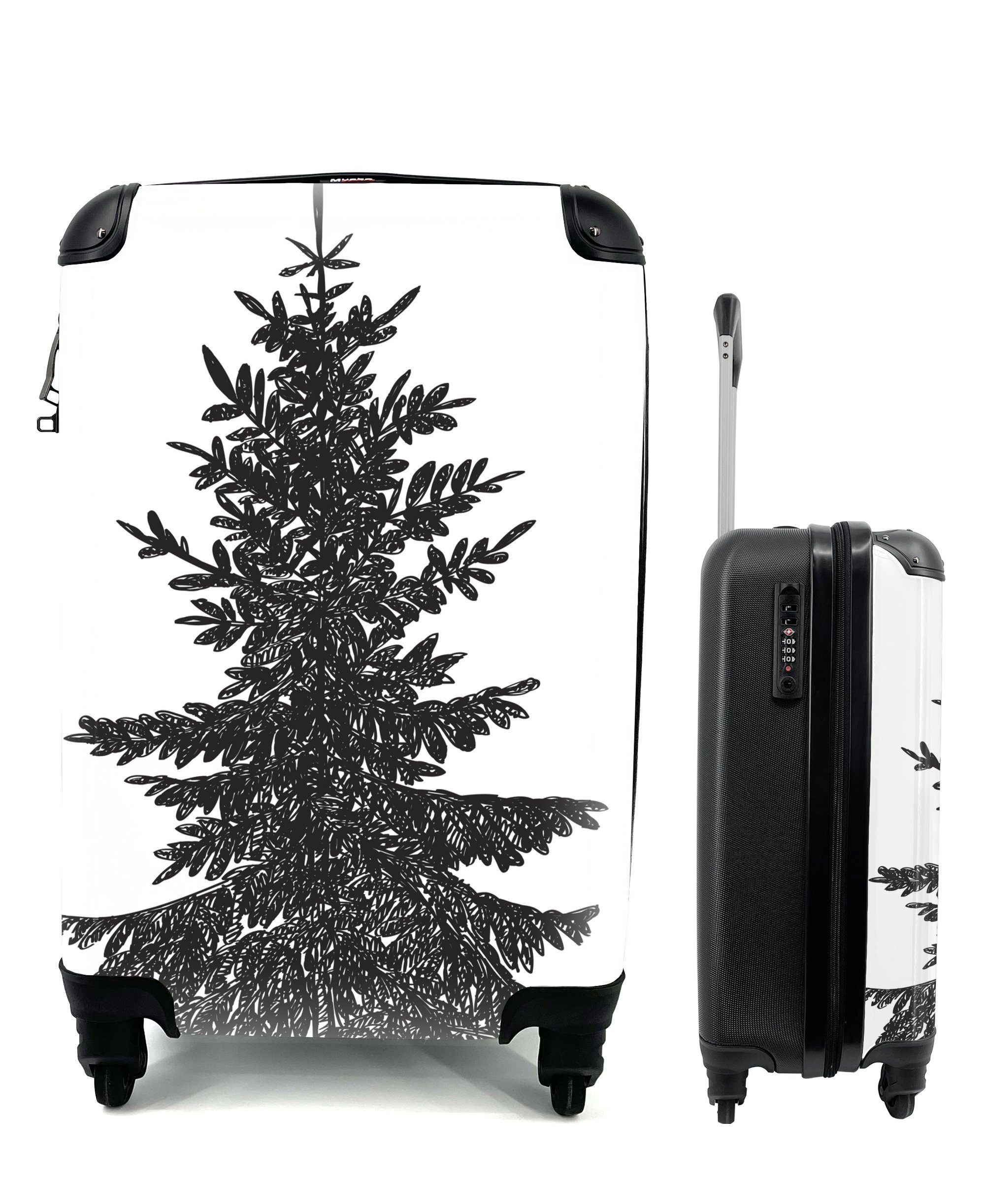 MuchoWow Handgepäckkoffer Eine Schwarz-Weiß-Illustration Ferien, Reisetasche Trolley, 4 Reisekoffer einer Rollen, für mit Handgepäck rollen, Kiefer