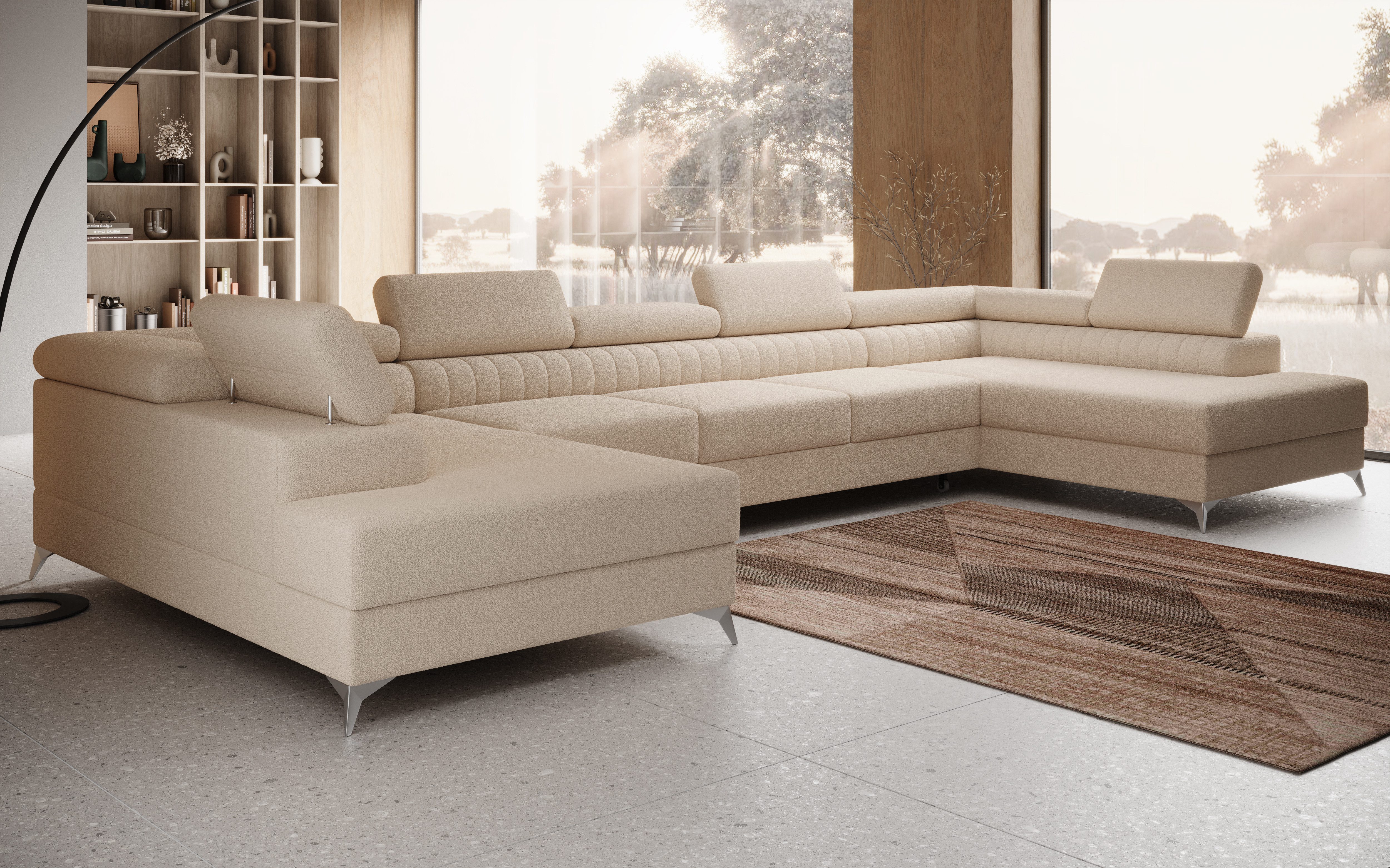 thematys Ecksofa FERMO 403 x 203cm mit Schlaffunktion & Bettkasten –, U-Sofa mit verstellbaren Kopfstützen, Samt (Monolotith), oder Bouclé (Quelle), - U-Form, XL-Wohnlandschaft, 390 cm breit