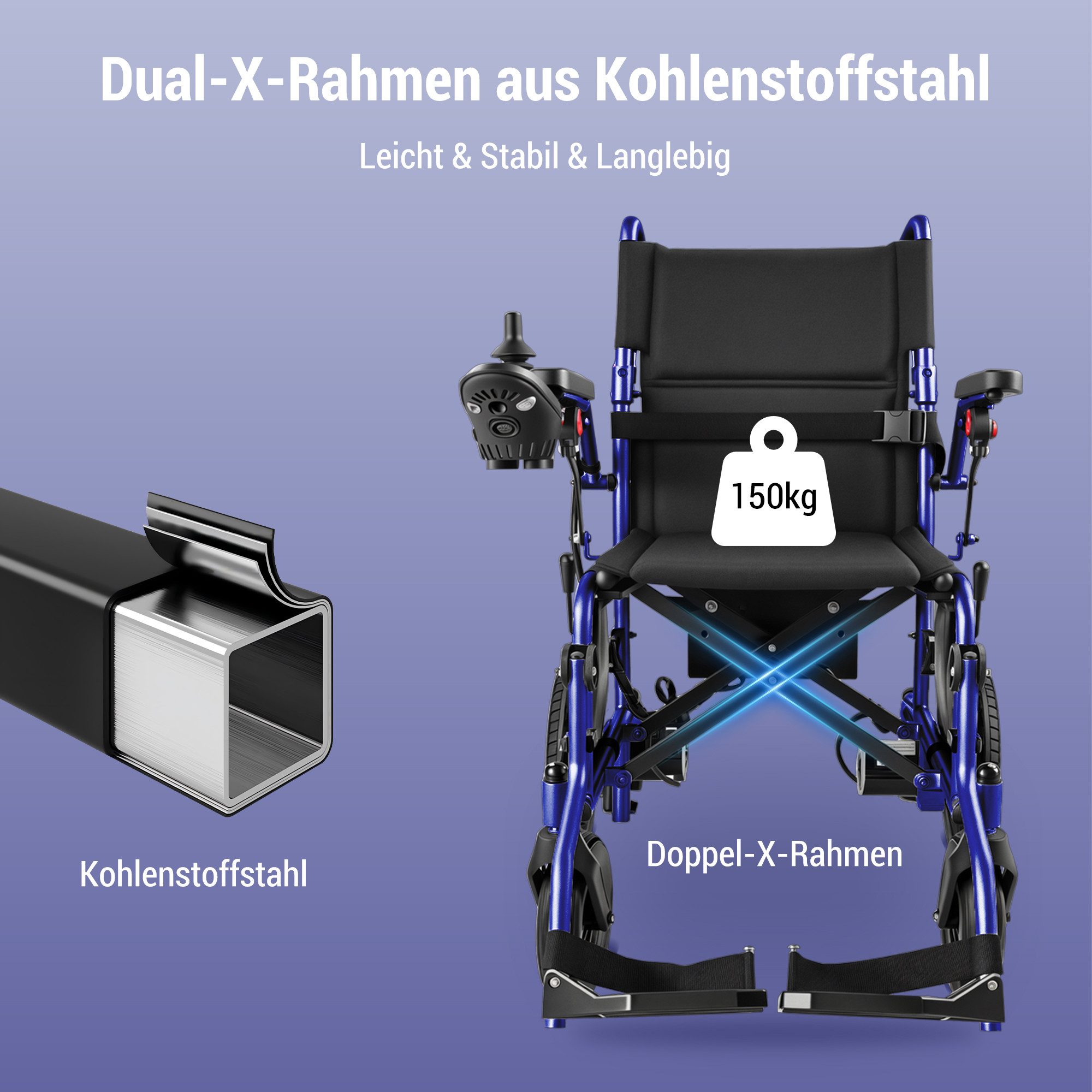 Vankel Elektrorollstuhl Elektrisch Faltbar Leicht bis 150KG, Faltbar, 25 km, seniorenmobil, 2x250W, 6,00 km/h E-Rollstuhl