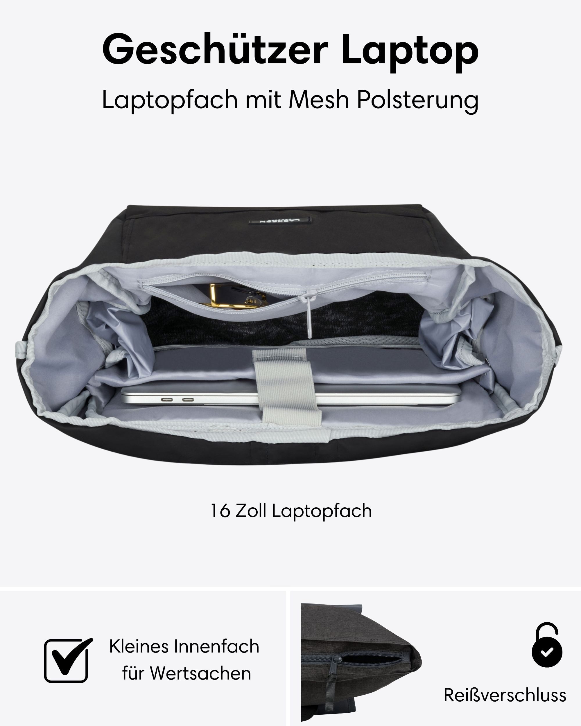LARKSON Cityrucksack No 4 Large Rolltop Rucksack für Damen und Herren (1-tlg), Geräumiger Rolltop Rucksack für Reisen, Wasserabweisend
