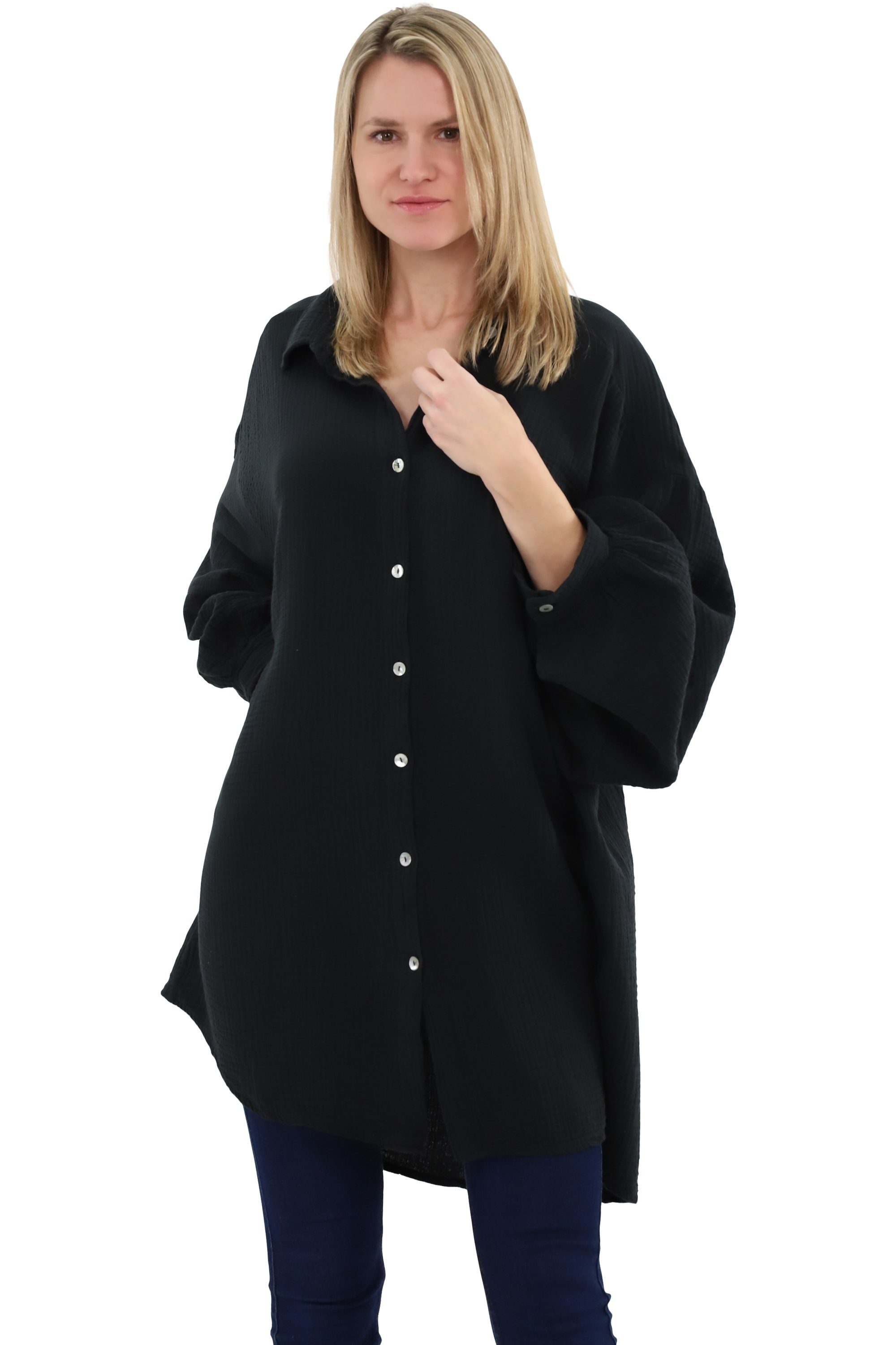 malito more than fashion Hemdbluse malito Damen Musselin Bluse, Oversize Blusenhemd im lässigem Look, weicher Musselinstoff - Einheitsgröße