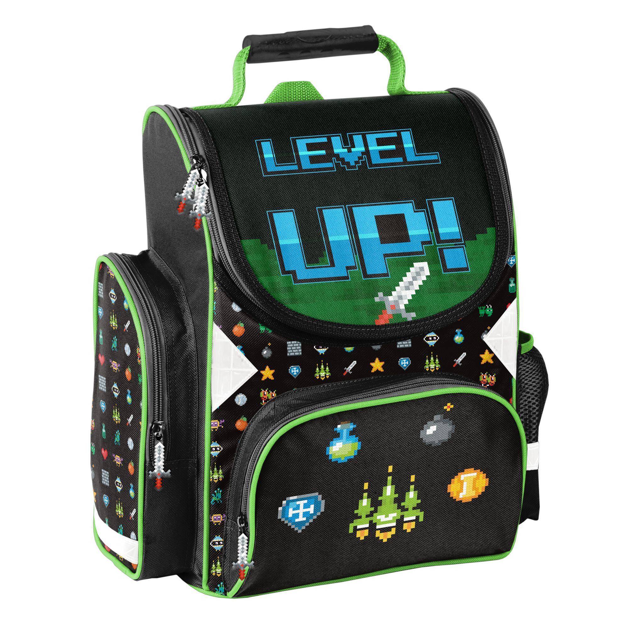 PASO Schulranzen SCHULSET: RANZEN + TURNBEUTEL + BEFÜLLTE FEDERMAPPE - LEVEL UP! (3-teilig, Gaming / Gamer), schwarz, grün, blau – Bild 2 von 5