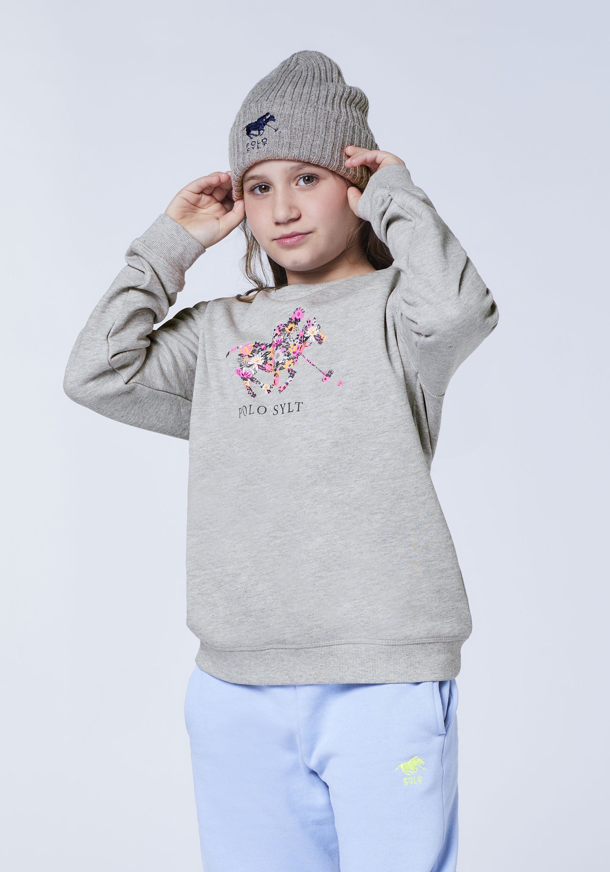 Polo Sylt Neutral Melange mit 17-4402M Gray Logodesign floralem Sweatshirt