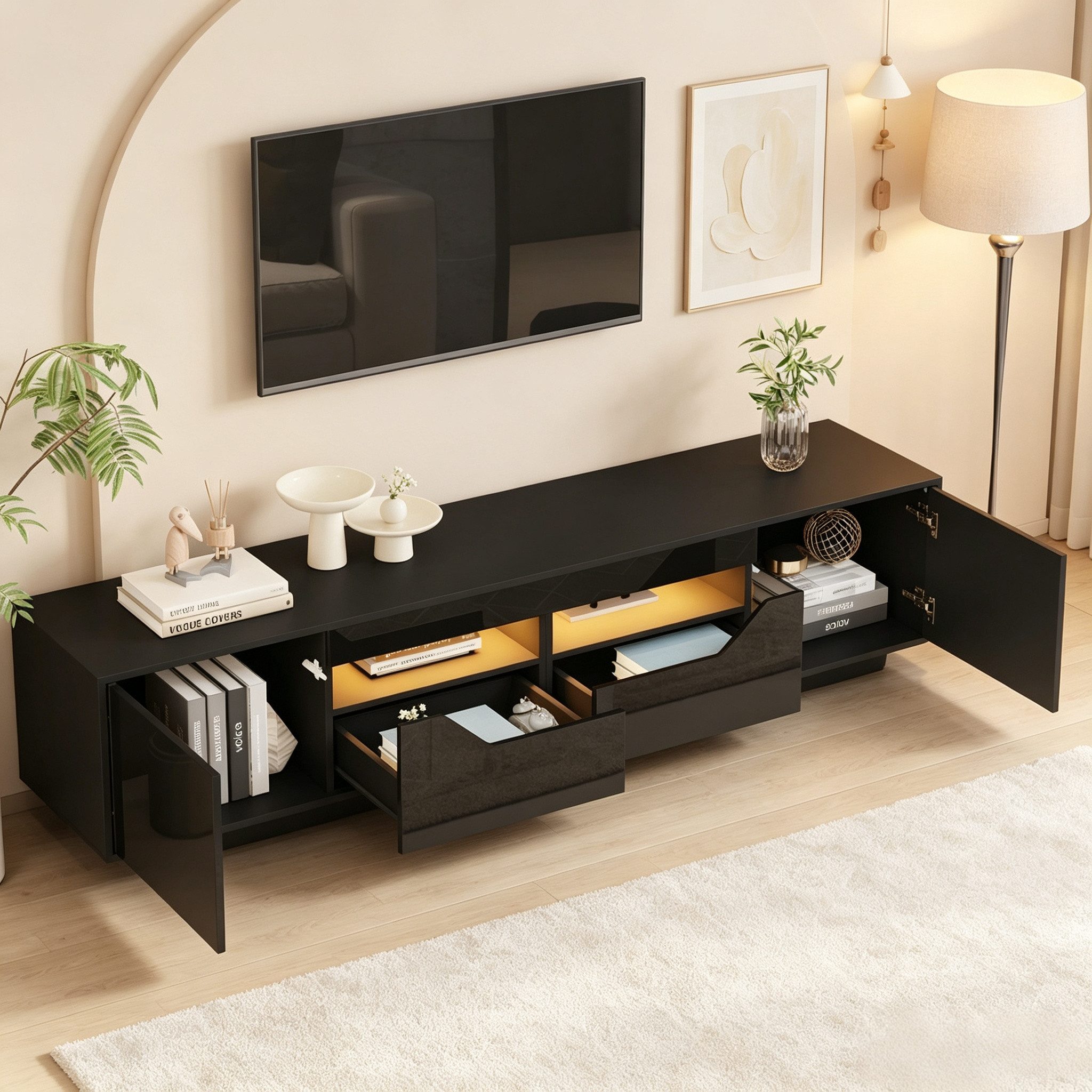 Merax Lowboard hochglanz Fernsehschrank mit LED-Beleuchtung (Für Fernseher bis 75 Zoll, 1 St., Push-to-Open-Funktion), TV-Schrank mit 2 Schubladen,2 Schränken & offenen Regalen,180x40x45cm