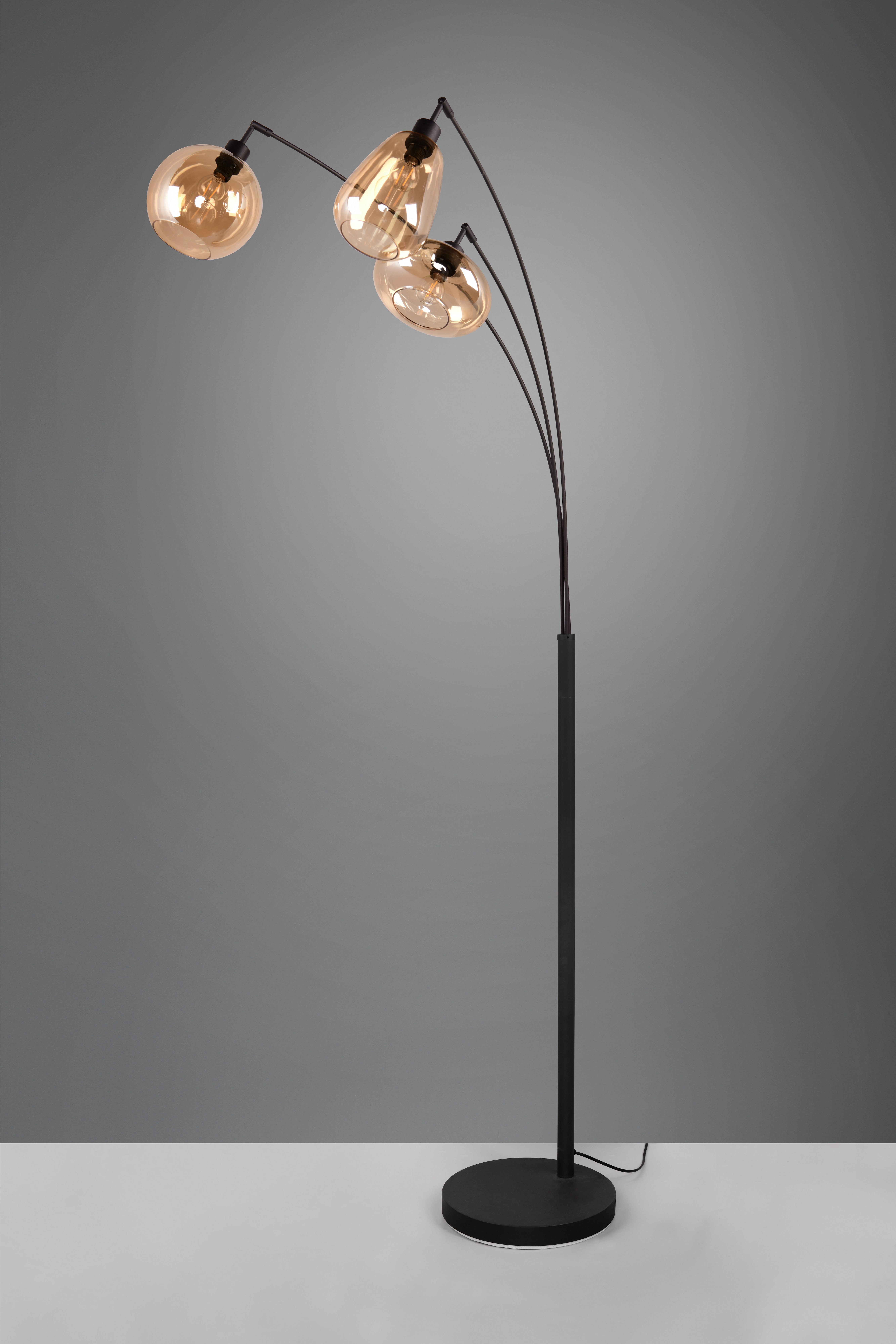 TRIO Leuchten Stehlampe Lumina, gebogene Stehleuchte mit Glasschirmen exkl 3xE14 max 10W, Leuchtmittel wechselbar, warmweiß - kaltweiß, amberfarbige Gläser in 3 Formen, Fußschalter, Bogenleuchte Höhe 200 cm