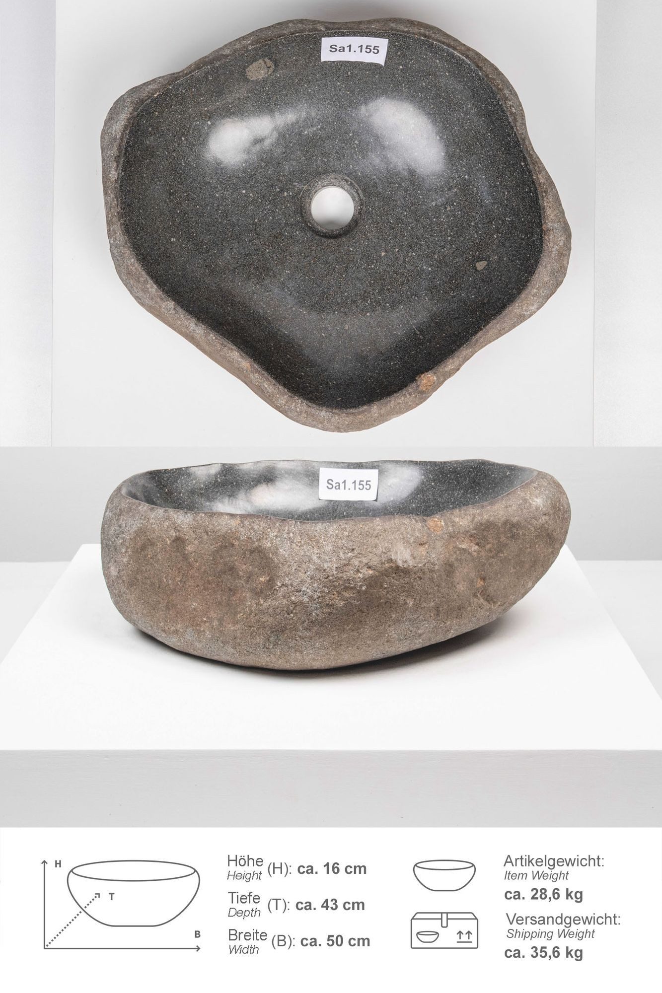 wohnfreuden Aufsatzwaschbecken Naturstein Waschbecken 50 cm mit Naturkante (Kein Set), 125646_Sa1.155