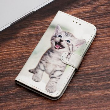 CLM-Tech Handytasche für Samsung Galaxy A15 5G Hülle Tasche aus Kunstleder Klapphülle (fröhliche Katze, Handyhülle Wallet Flip Case Cover Etui), Schutzhülle mit Standfunktion, Kartenfächer, und Magnetverschluss