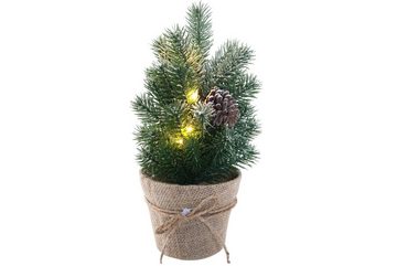 EXPO-Börse GmbH Künstlicher Weihnachtsbaum LED Weihnachtsbaum Kunsttanne beschneit im Jutetopf 33 cm