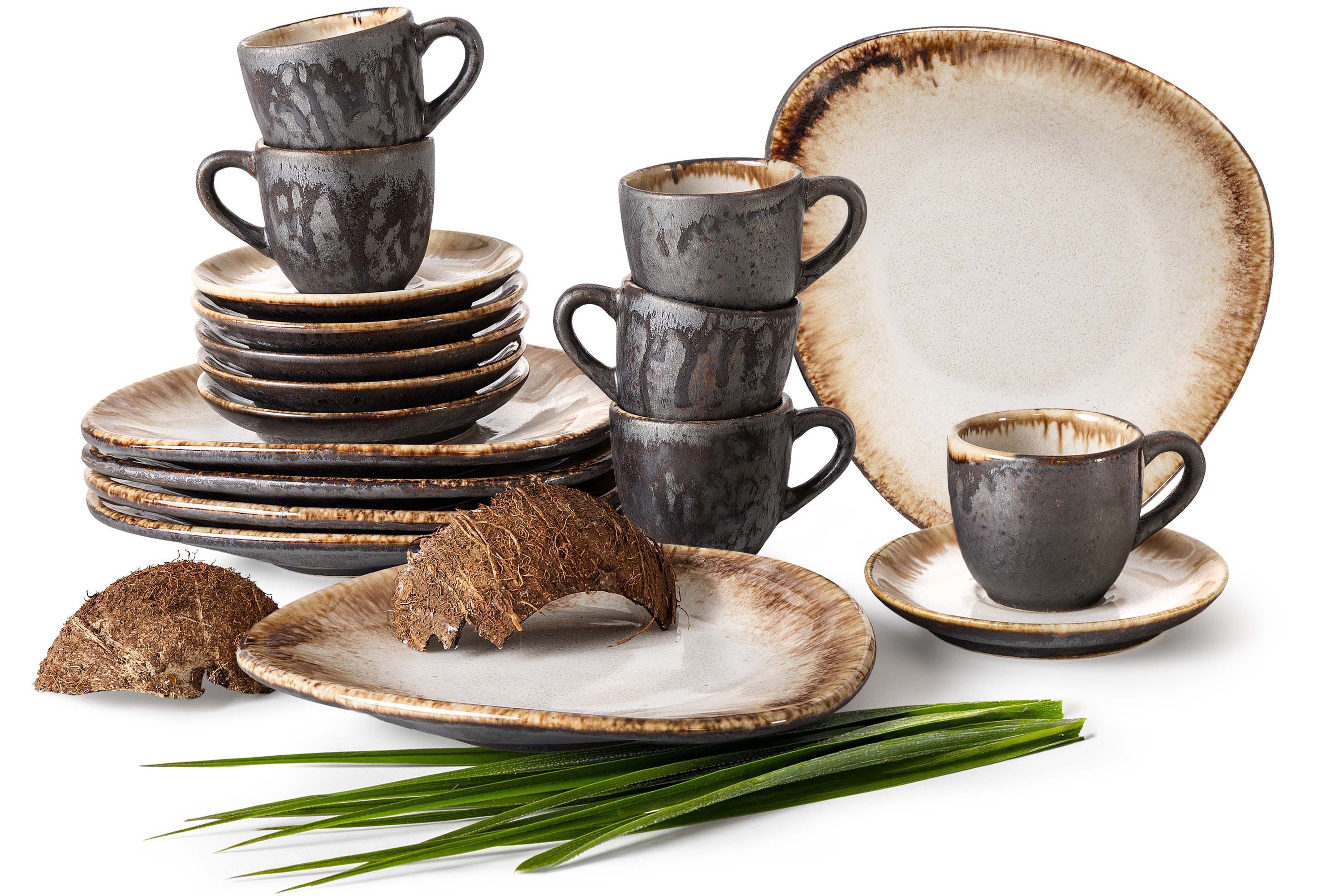 KONSIMO® Kaffeeservice PRIMA Espresso-Set mit Desserttellern, Premiumqualität aus EU (18-tlg), 6 Personen, Keramik, handgefertigt, hochwertige Kunstproduktion, Farbe beige/braun