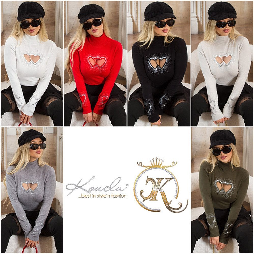 Koucla Rollkragenpullover Feinstrick Pullover sexy Dekolleté Herz Cut out mit Strass unifarben mit Strass