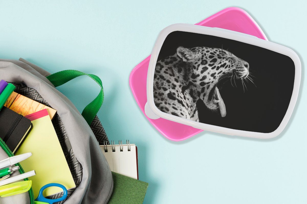 Weiß, Kunststoff - rosa Kinder, (2-tlg), Mädchen, Brotbox Kunststoff, Tier - Brotdose für Erwachsene, Schwarz Jaguar MuchoWow Snackbox, - Lunchbox