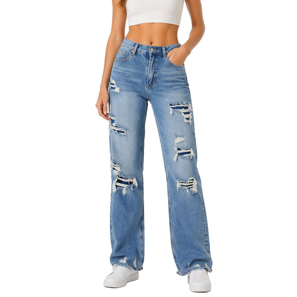 Ital-Design Weite Jeans Damen Destroyed Jeans Straight Fit Casual (91767287) Destroyed-Look Stretch High Waist Jeans in Blau
