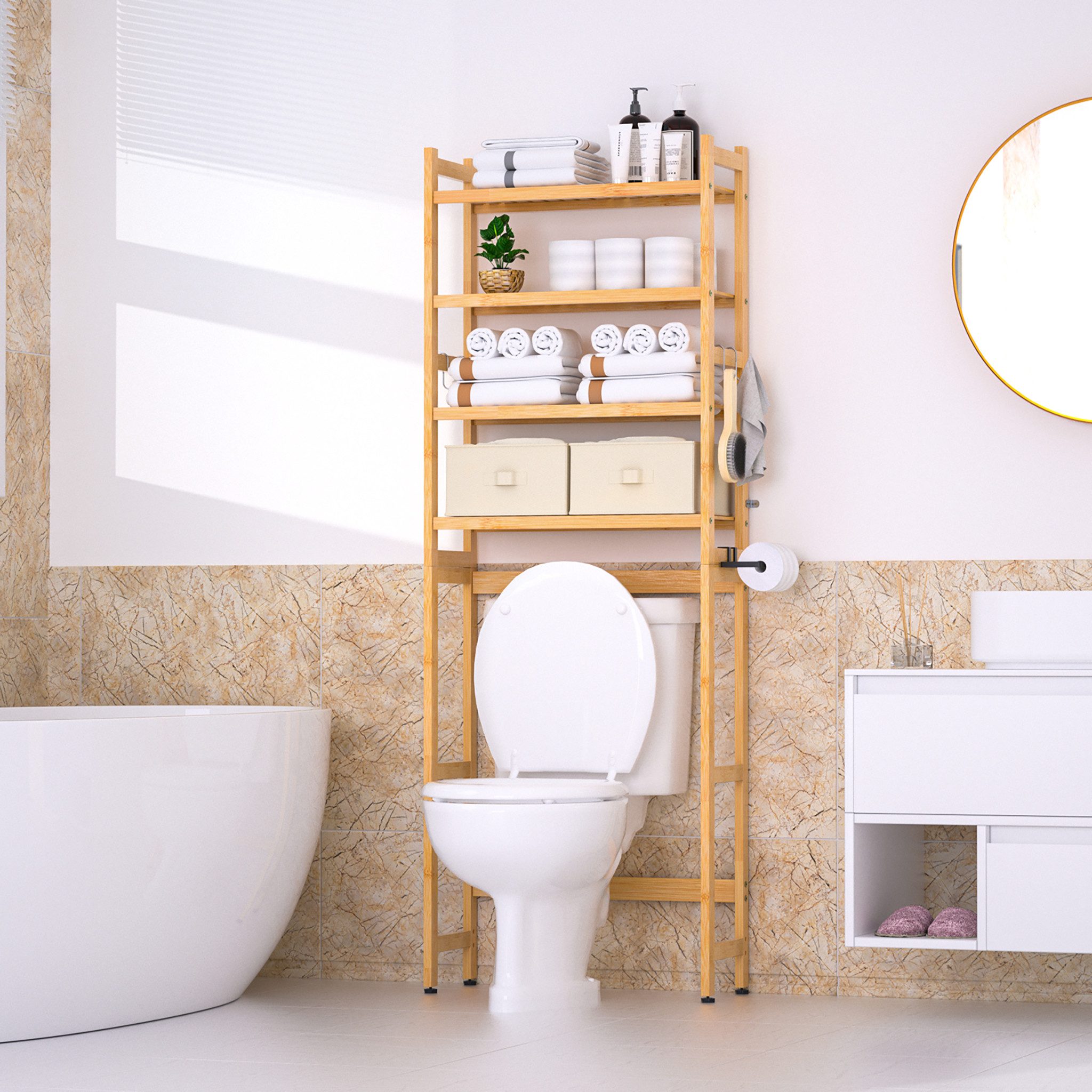 Yorbay Badregal Toilettenregal Bambus mit 4 Etagen & 2 Aufbewahrungskörben, 59x23,3x166 cm, Badezimmerregal