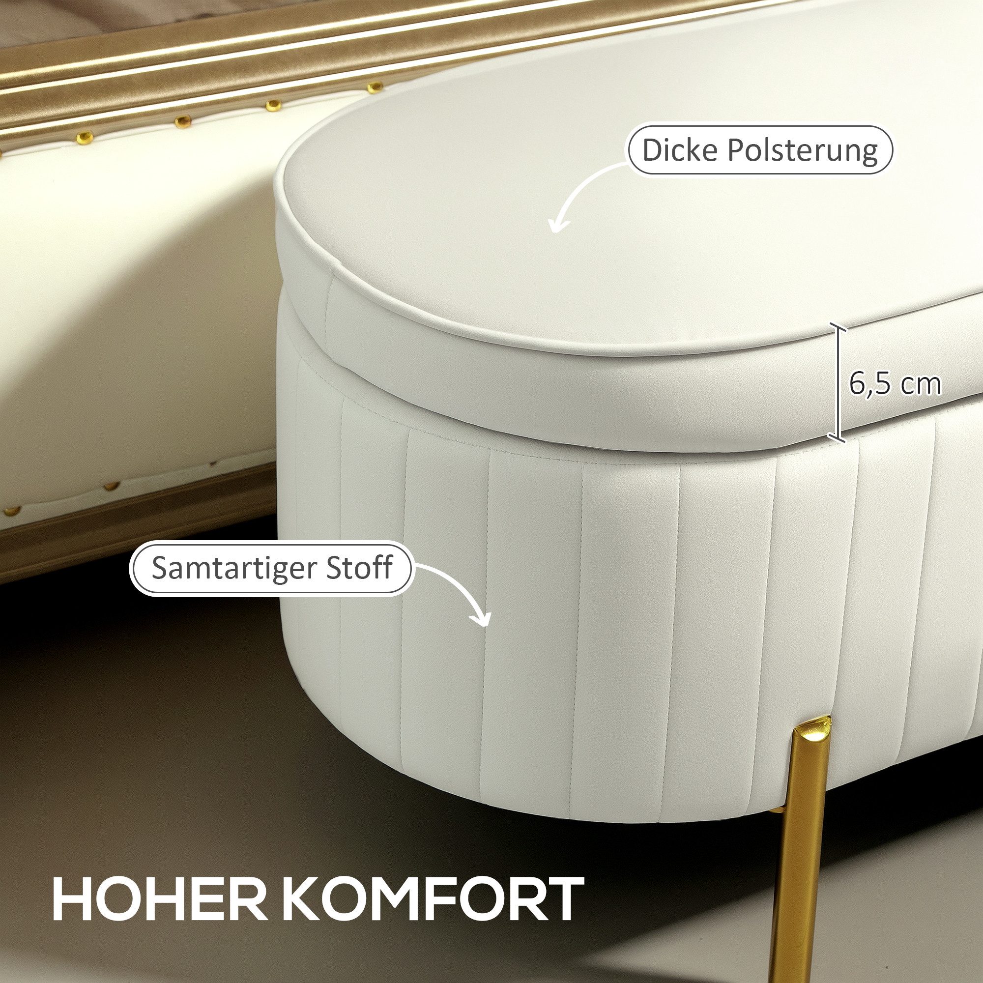 HOMCOM Sitzbank Polsterbank mit Samtoptik, Bettbank mit Metallbeine (Sitztruhe, 1-St., Stoffbezug), Holz, Metall, Cremeweiß+Golden – Bild 4 von 5