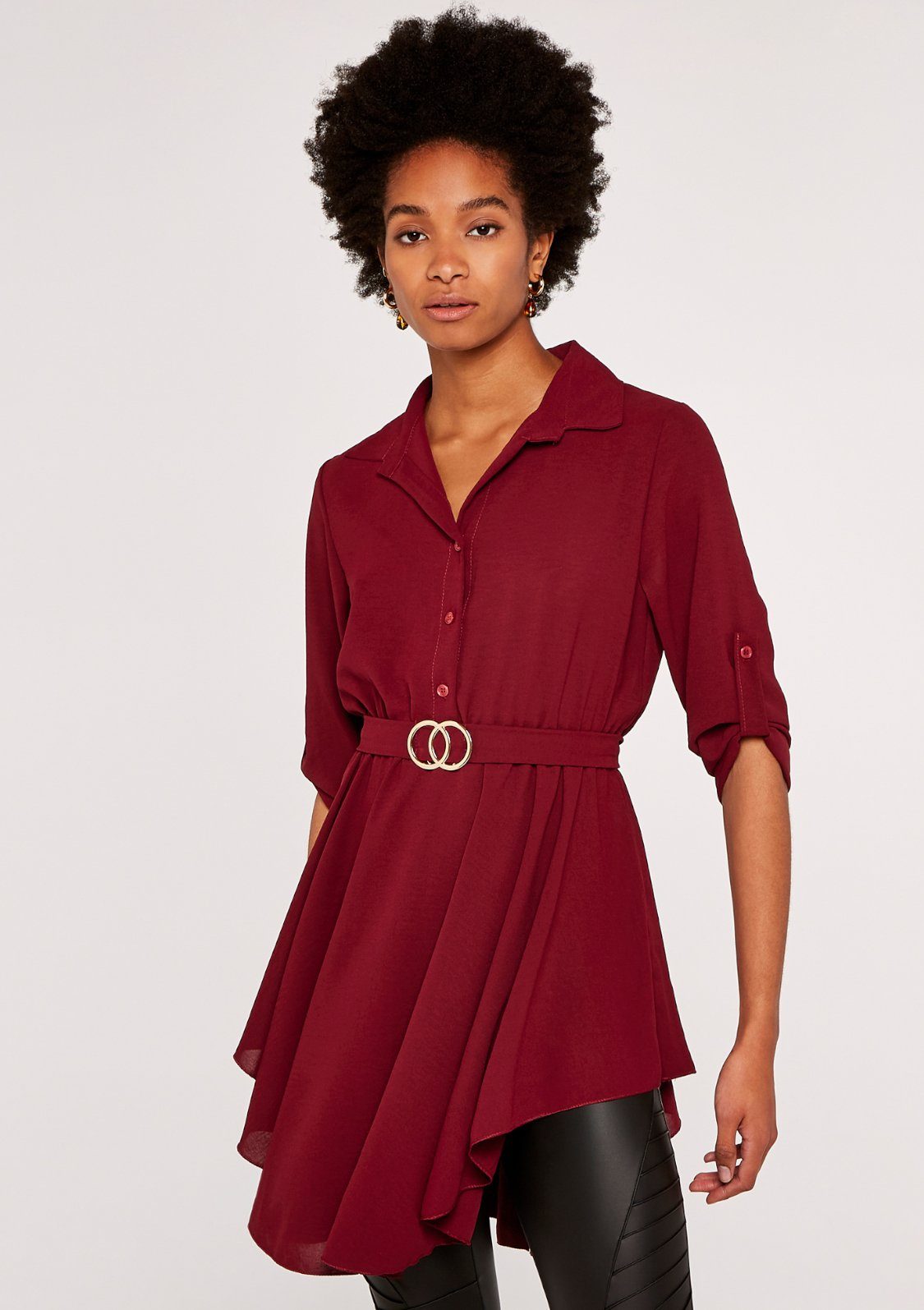 Apricot Shirtkleid mit Hem Dress Shirt Taillengürtel Circle Hanky burgund Belt (1-tlg., Bindegürtel) mit