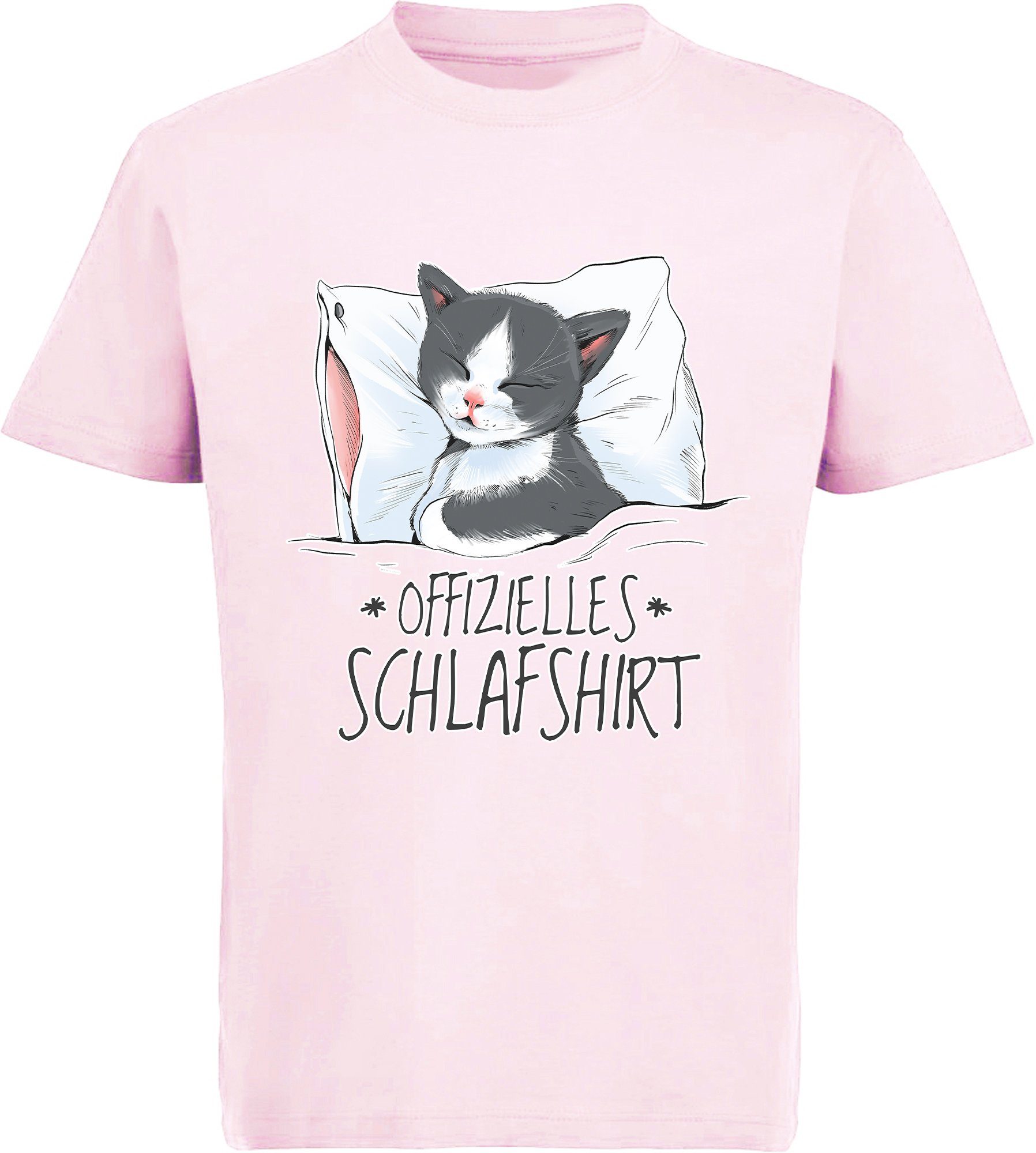 MyDesign24 Print-Shirt bedrucktes Mädchen T-Shirt Katze auf Kissen - Schlafshirt Baumwollshirt mit Aufdruck, weiß, schwarz, rot, rosa, i126