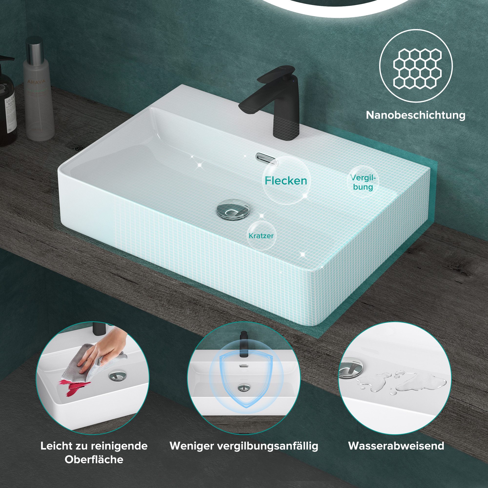 doporro Waschbecken keramik Aufsatzwaschbecken eckig Waschtisch weiß/Anthrazit M201 – Bild 4 von 5