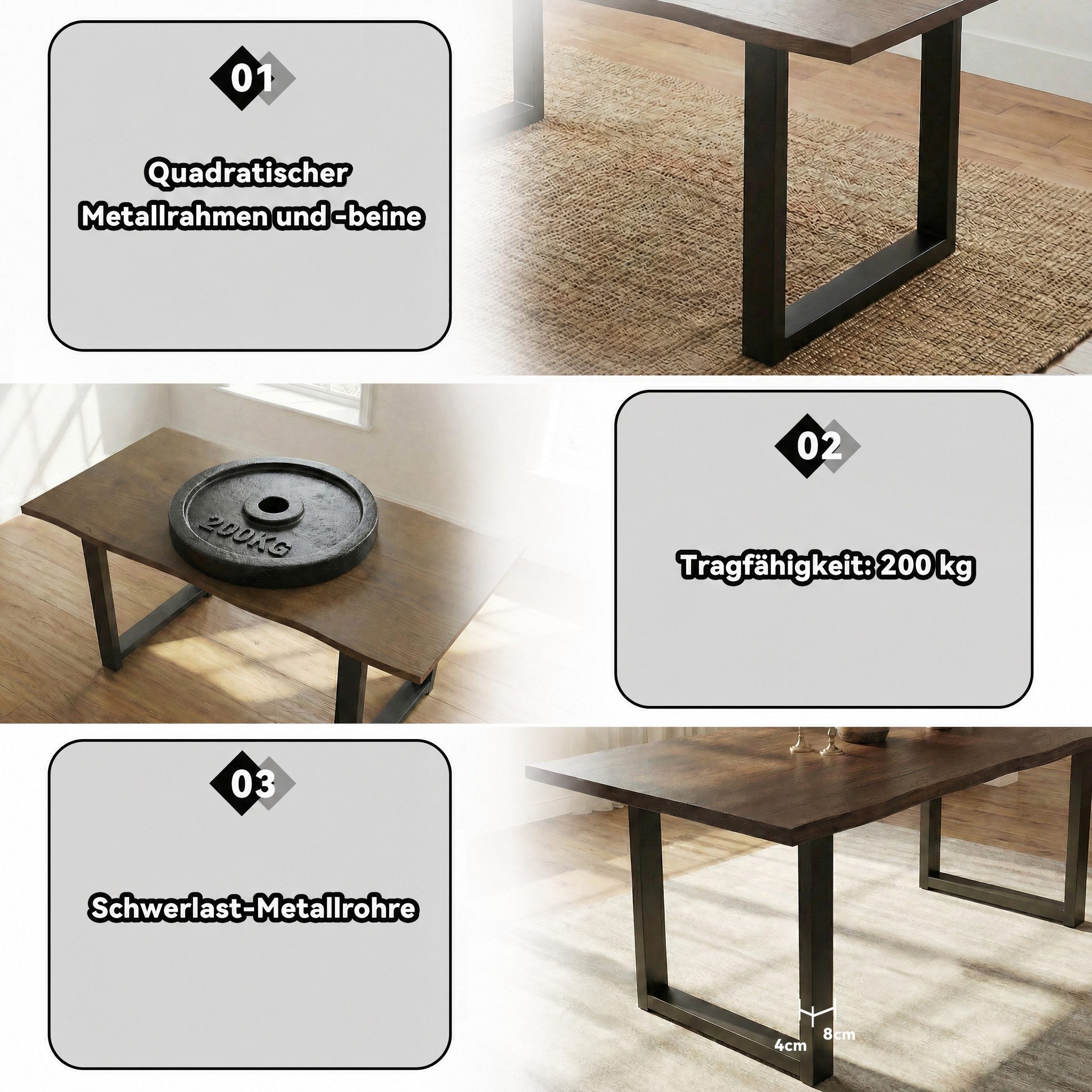 FUFU&GAGA Esstisch 160x80cm Massivholz, Baumkante Industrie-Design Braun – Bild 5 von 5