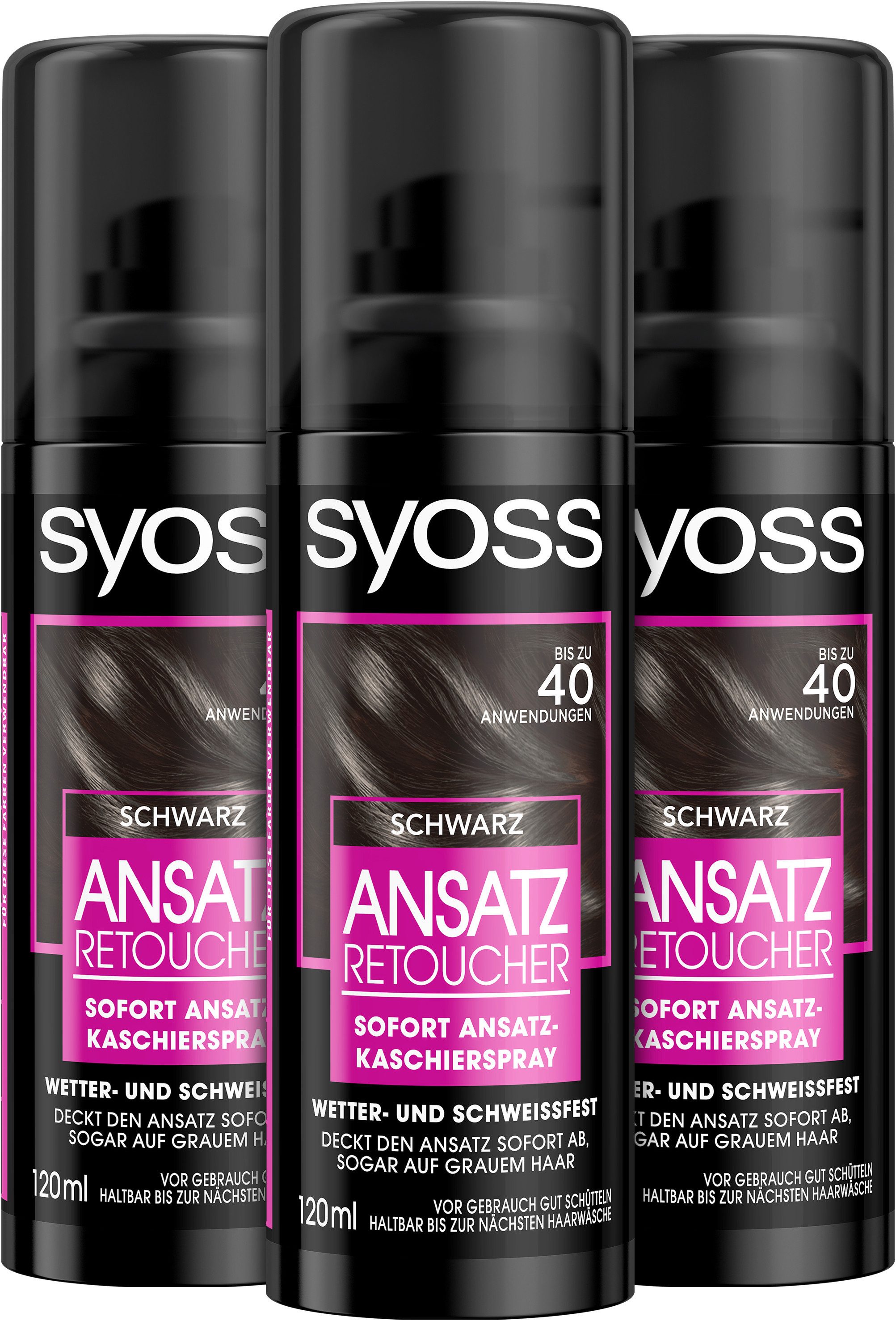 Syoss Haaransatz-Spray Retoucher Kaschierspray Schwarz, Vorteilspack, 3x 120 ml, deckt hellere und graue Haaransätze ab