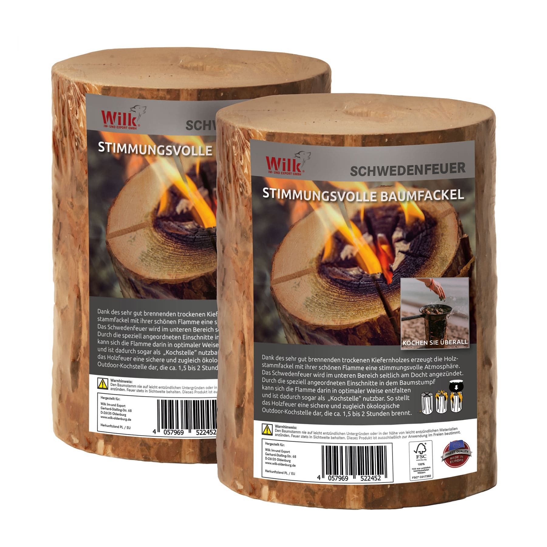 Wilk Outdoorkerze Schwedenfeuer (Schwedenfeuer, 2-er Set), Trockenes Kiefernholz