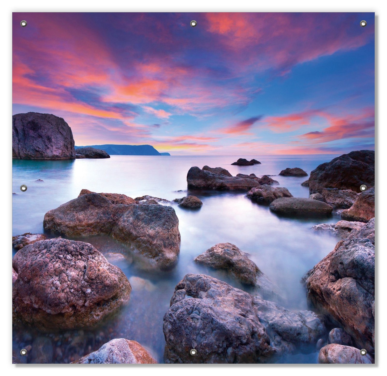 Sonnenschutz Seelandschaft in blau und rot mit großen Felsen, Wallario, blickdicht, mit Saugnäpfen, wiederablösbar und wiederverwendbar